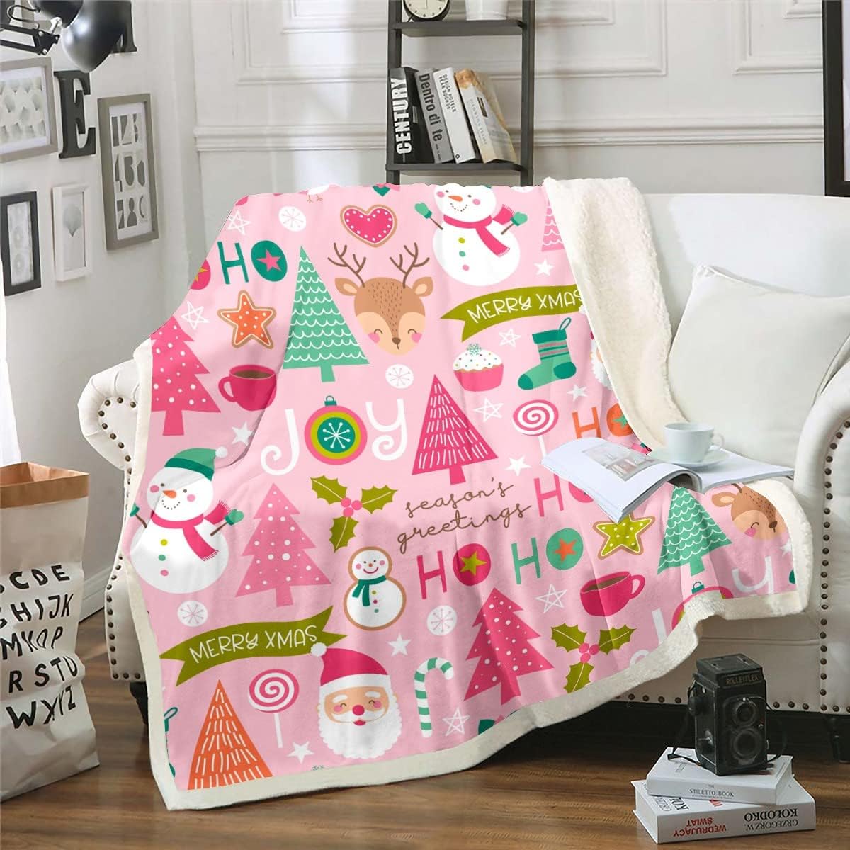 Erosebridal Pink Christmas Throw Blanket, Cartoon Santa