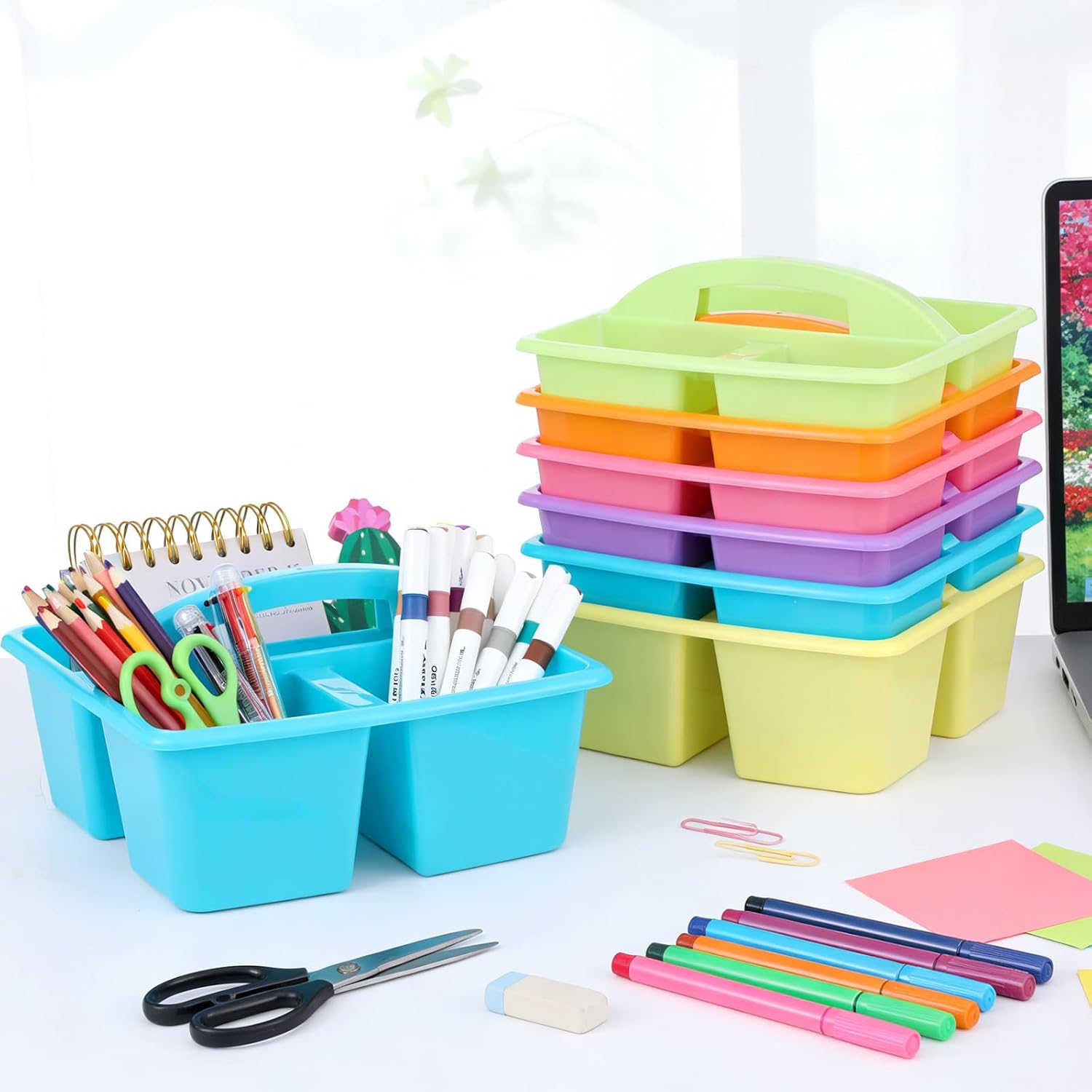 6 Pack Classroom Caddy with Handle Plastic Storage Caddy Organizer with 3 Compartments Desk Caddies Holder Portable Storage Bin for Pencil, Crayon, Marker, Home, Office, School Supply(Colorful)