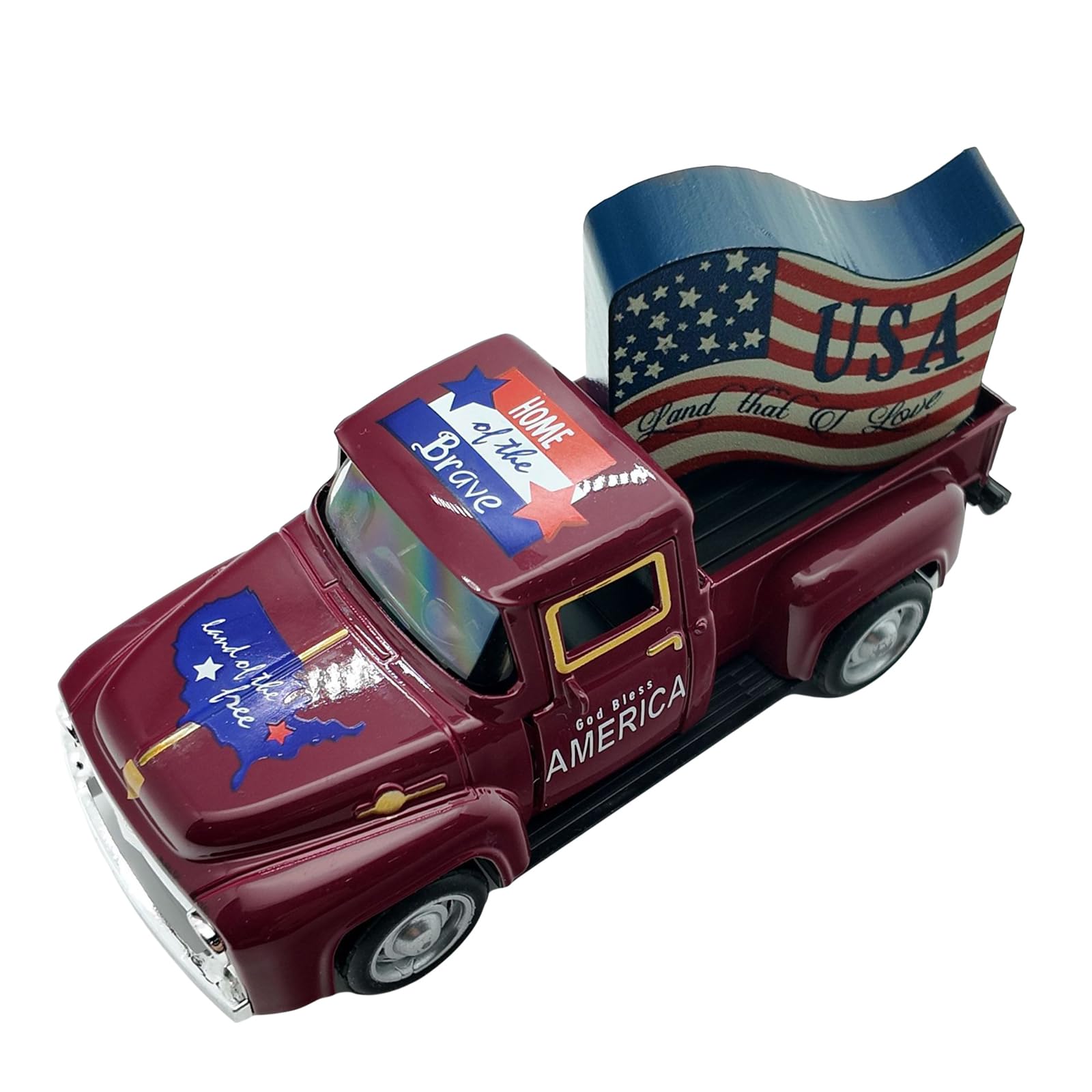 Vintage Car Model 4th of July Wood American Flag Decor Truck Home Office Decorations for Independence Day (Red, One Size)