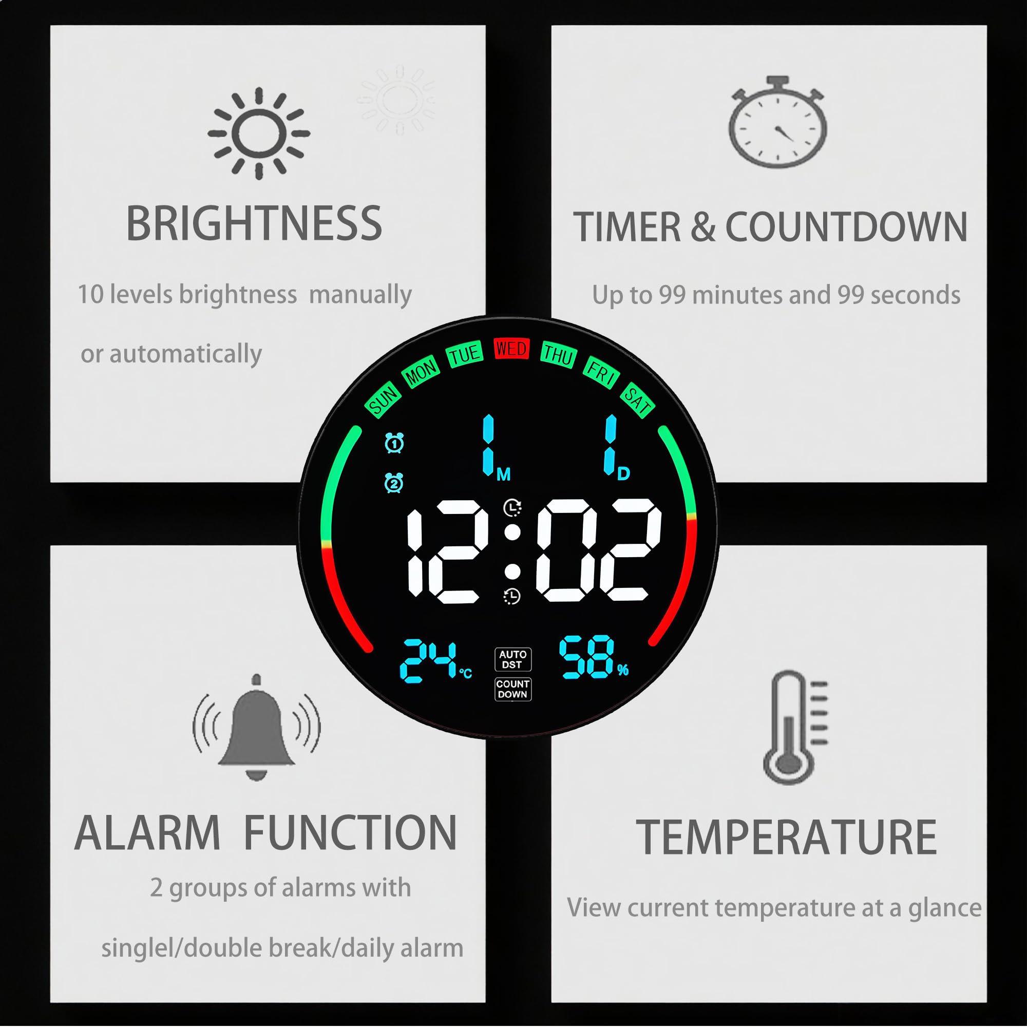 Grande orologio da parete digitale con data, timer, dimmer, temperatura, umidità, ora diurna automatica, decorazione per soggiorno, camera da letto, ufficio, palestra, garage (blu)