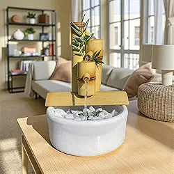 Fonte de Água Grande Decorativa Cascata de Bambu com 3 Quedas Branco – Estilo FengShui, Relaxante para Ambientes Internos