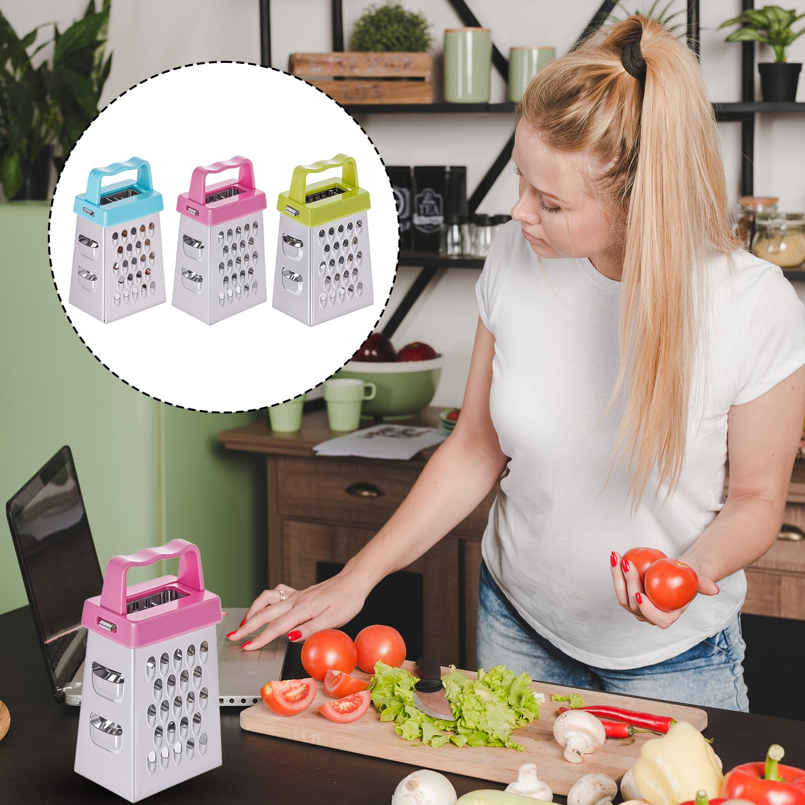 Mini rallador de queso, 3 unidades de acero inoxidable con asa, rallador profesional para cortar quesos para cocina, queso, jengibre, verduras, multifunción, apto para lavavajillas 4