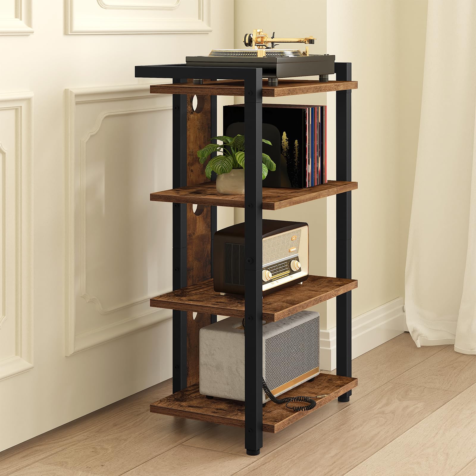 HOOBRO Meuble Audio 4 Niveaux, Étagère Platine Vinyle avec Passe-câbles, Support Multimédia, Marron Rustique et Noir