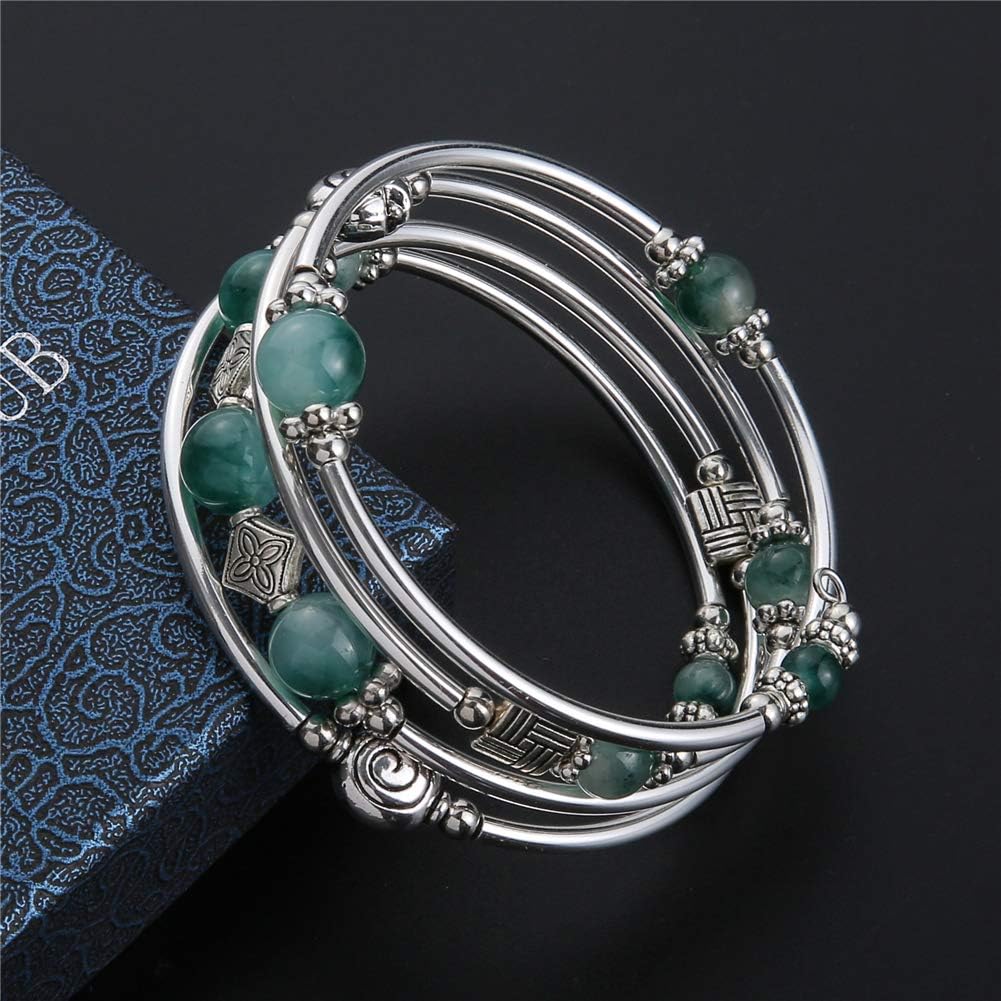 Beaded Pearl Bangle Wrap Bracelet - Fashion Bohemian Jewelry Multilayer Charm Bracelet with Thick Silver Metal Beads, Gift For Women - Image 4