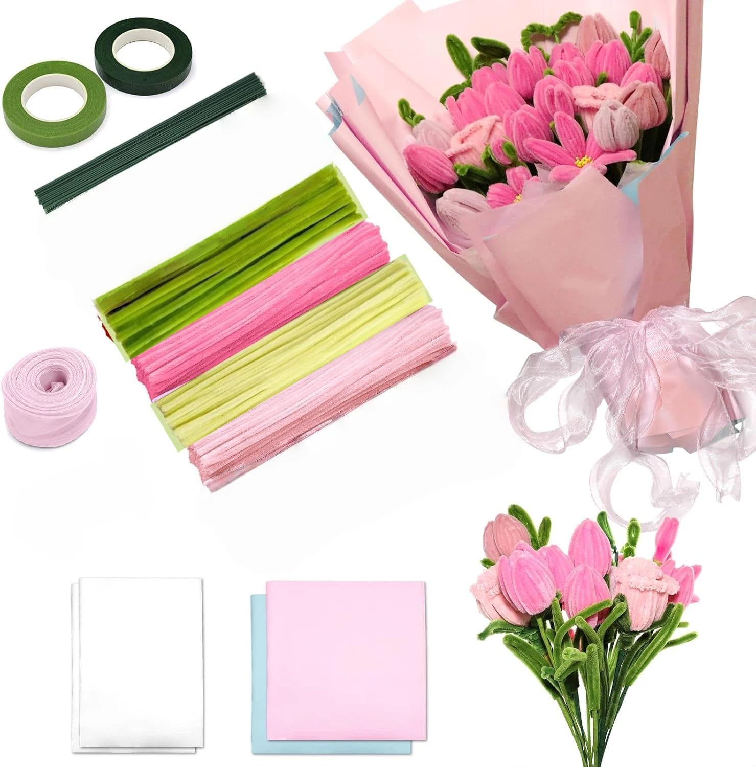 Pfeifenreiniger Set, 500 Stück 4 Farben Pfeifenreiniger Set zur Herstellung von Verschiedenfarbigen Pfeifenreiniger Sträußen, Blumenpapier, Bändern, Dochten, Stäben, kreativen Blumen DIY