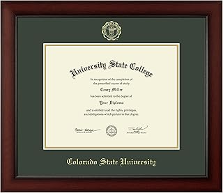 Colorado State University 11" w x 8.5" h Diploma Frame - Fits a bachelor's, master's and phd - Gold Embossed Diploma Frame - Cherry Moulding with Williamsburg Green and Gold Matting