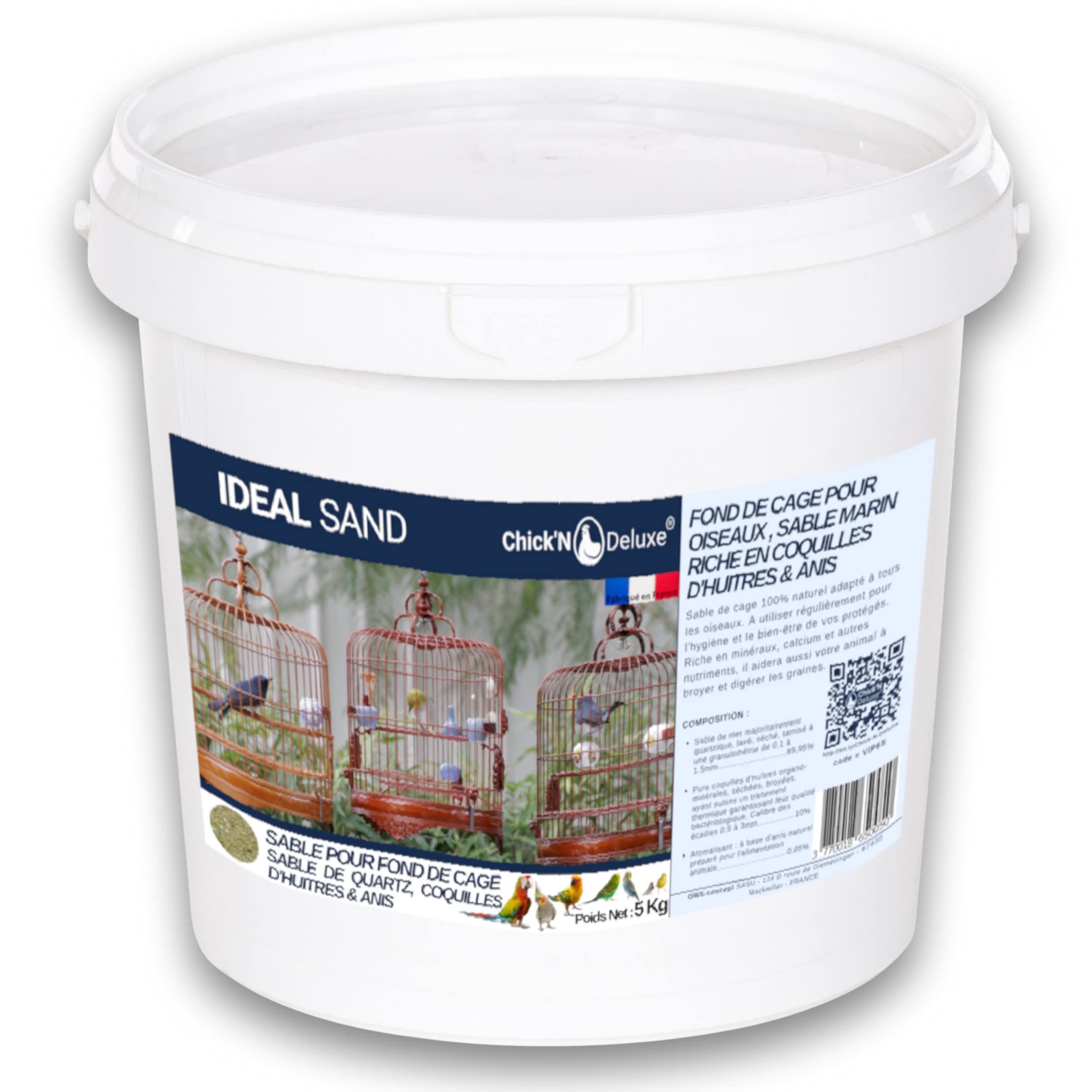 Chick'N Deluxe® Ideal Sand 5Kg. Sable Marin pour Fond de Cage à Oiseaux. Enrichi de coquilles d'huitres broyées et aromatisé à l'Anis. Produit 100% Naturel pour l'hygiène et la santé de Vos Animaux.