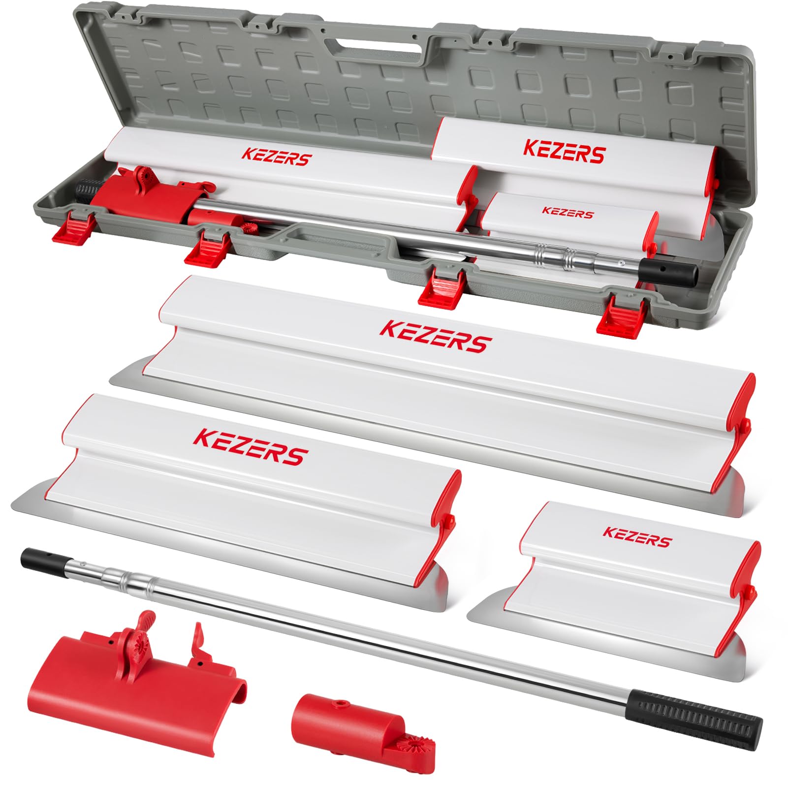 KEZERS Set di spatole per superfici da 25 cm, 40 cm e 60 cm, lama in acciaio inox, con asta telescopica e adattatore, set di spatole con valigetta per grandi aree di lavoro, decorazione da parete