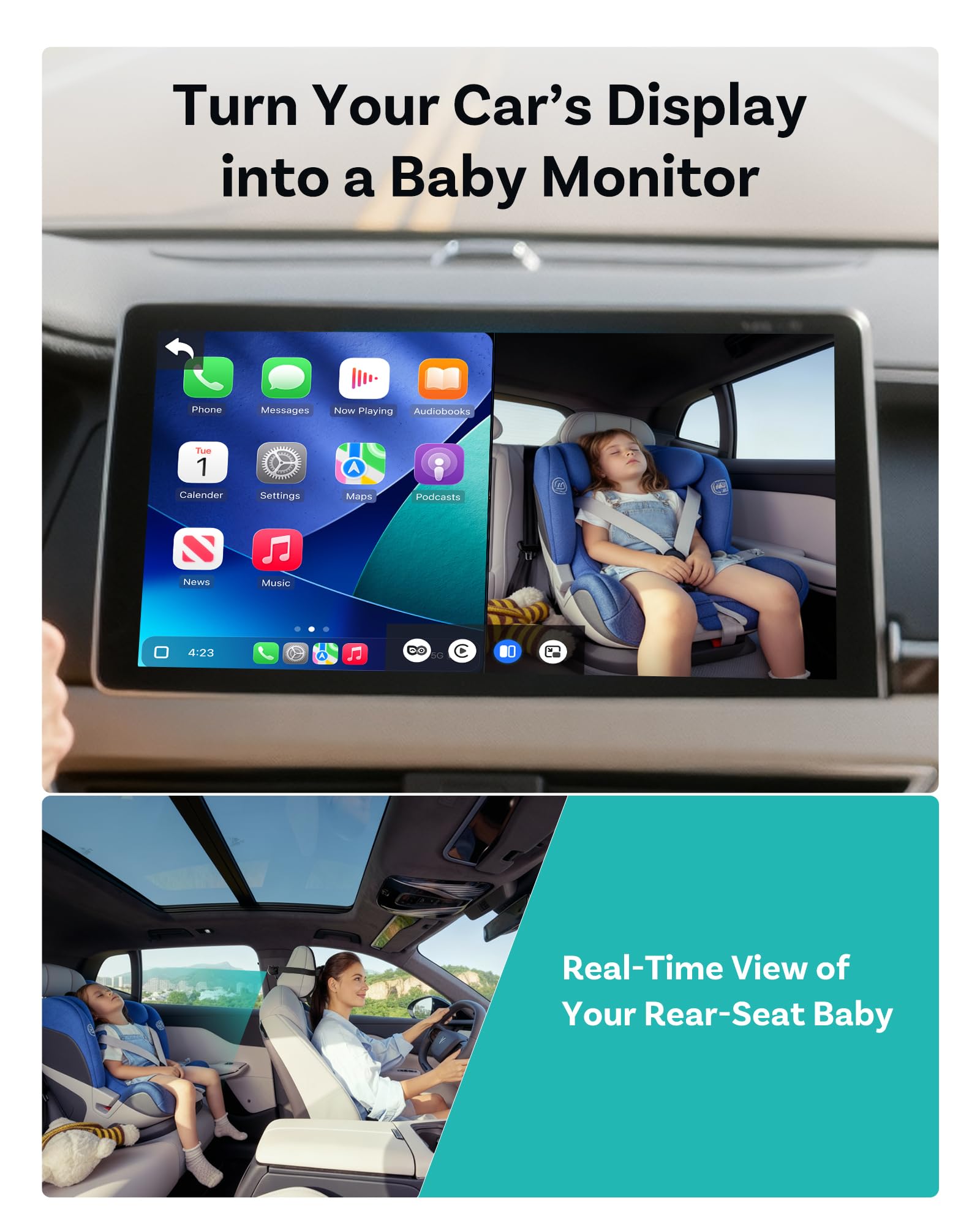 OTTOCAST Adaptateur de cabine 2025 en 1 pour caméra de voiture pour bébé et adaptateur CarPlay sans fil, aucun écran supplémentaire nécessaire, moniteur bébé de voiture 1080p pour vision nocturne