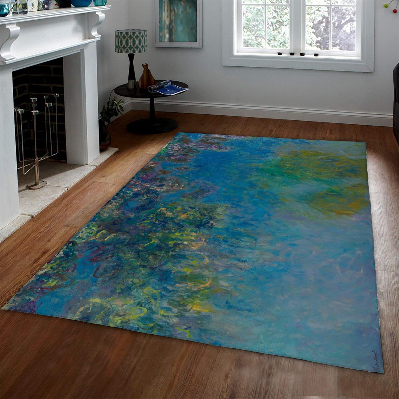 Bereichsteppiche Wohnzimmer Schlafzimmerteppiche Waschbar groß rutschfest Akzent Esszimmer weich Tiefflor Innen Classic Art Wasserrosen für Kinderzimmer Homeoffice Blau 80x150cm