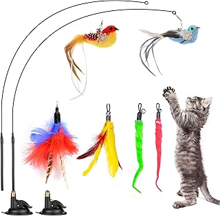 Oziral Cat Feather Toys, 10PCS Cat Toys with 2PCS Suction Cup, Detachable 2PCS Cat Wand Toys & 6PCS Replacement Teaser Refills with Bell, Interactive Cat Toy for Indoor Cats Kitten Play Exercise