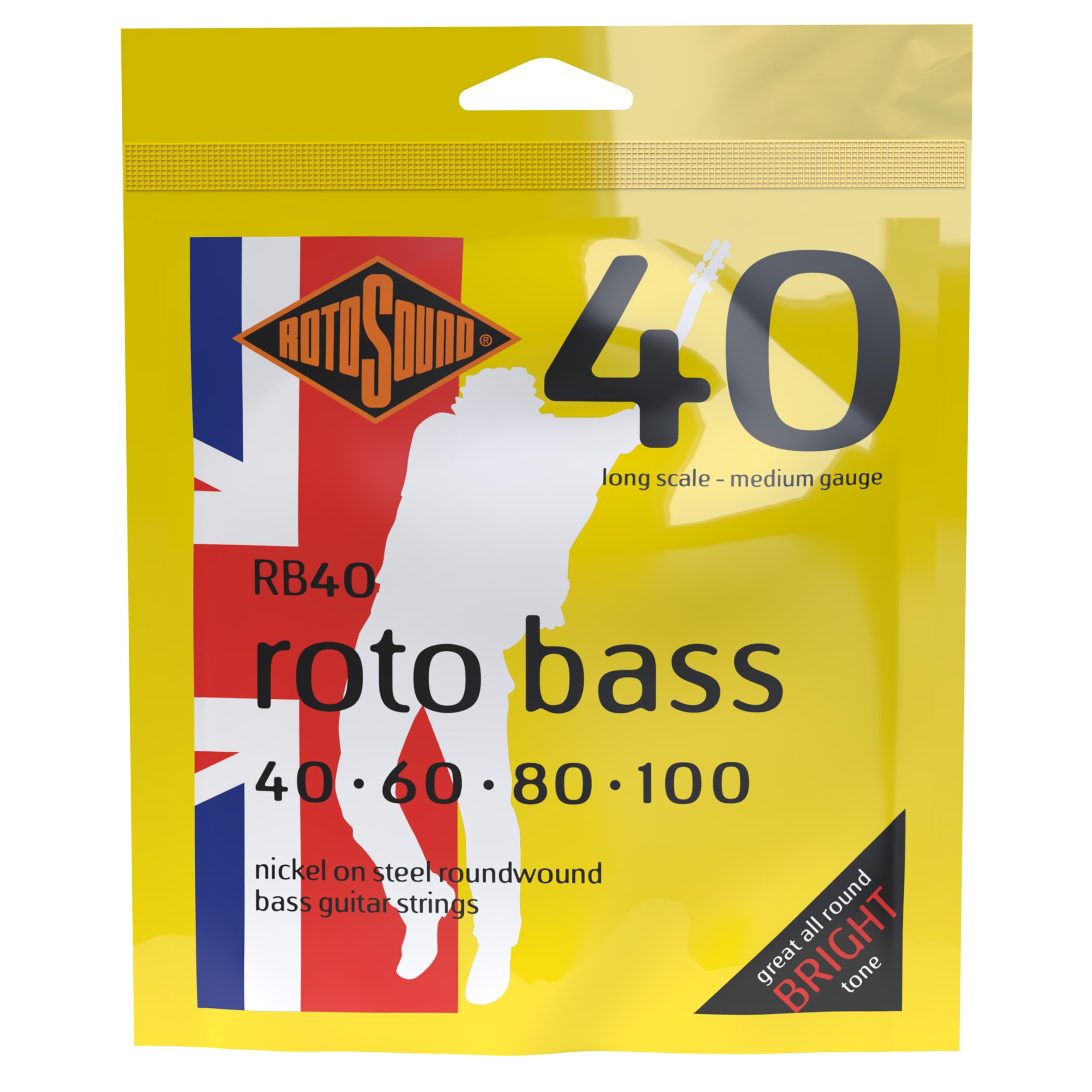 Rotosound Nickel Medium Gauge Roundwound Bass Strings (40 60 80 100), RB40,White Black Red Blue,Small Medium Large X-Large 2X-Large