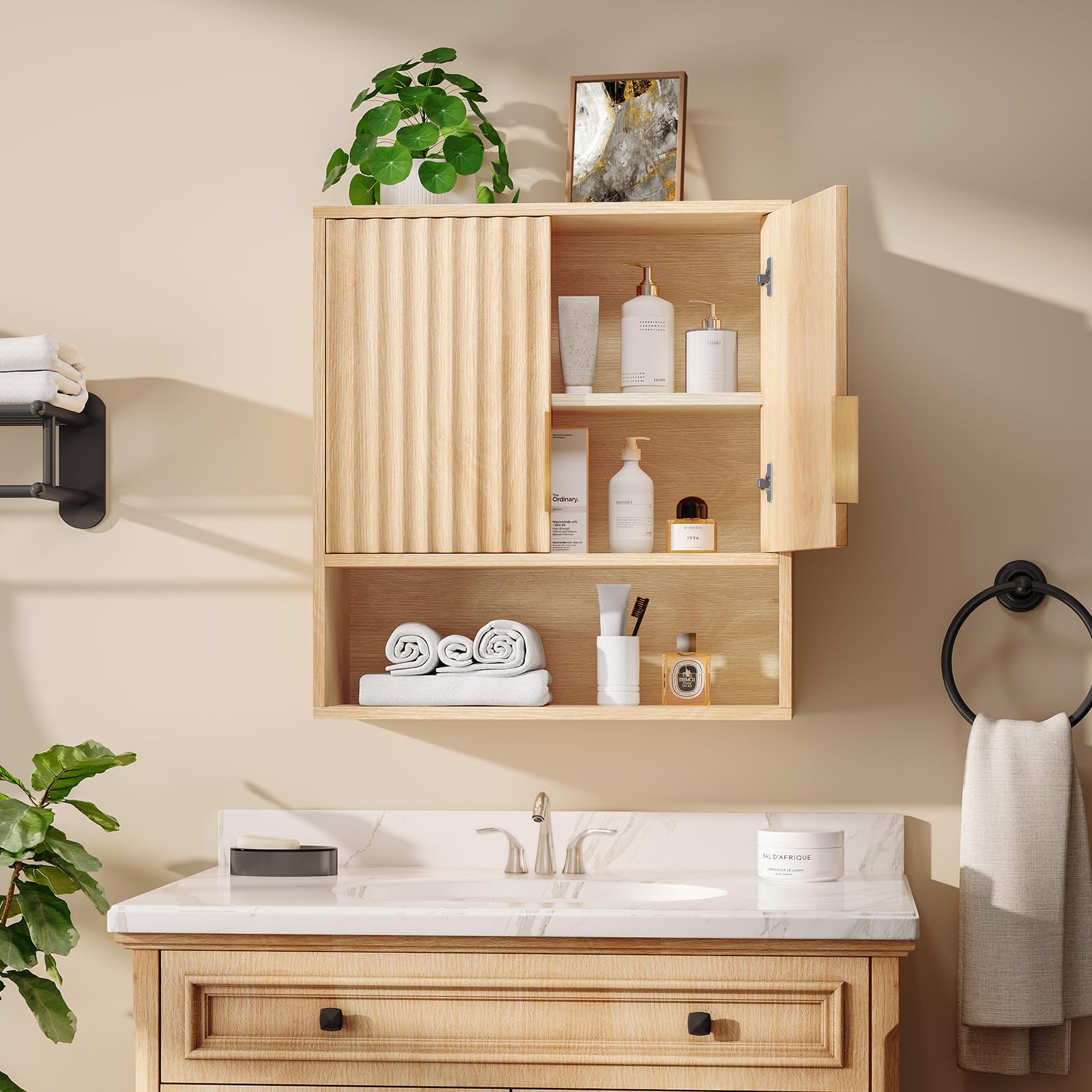 Bonnlo Armoire Murale de Salle de Bain en Chêne, 2 Portes et 3 Étagères de Rangement, 58 x 20 x 62 cm, Meuble de Rangement Suspendu pour Salle de Bain, Cuisine, Salon