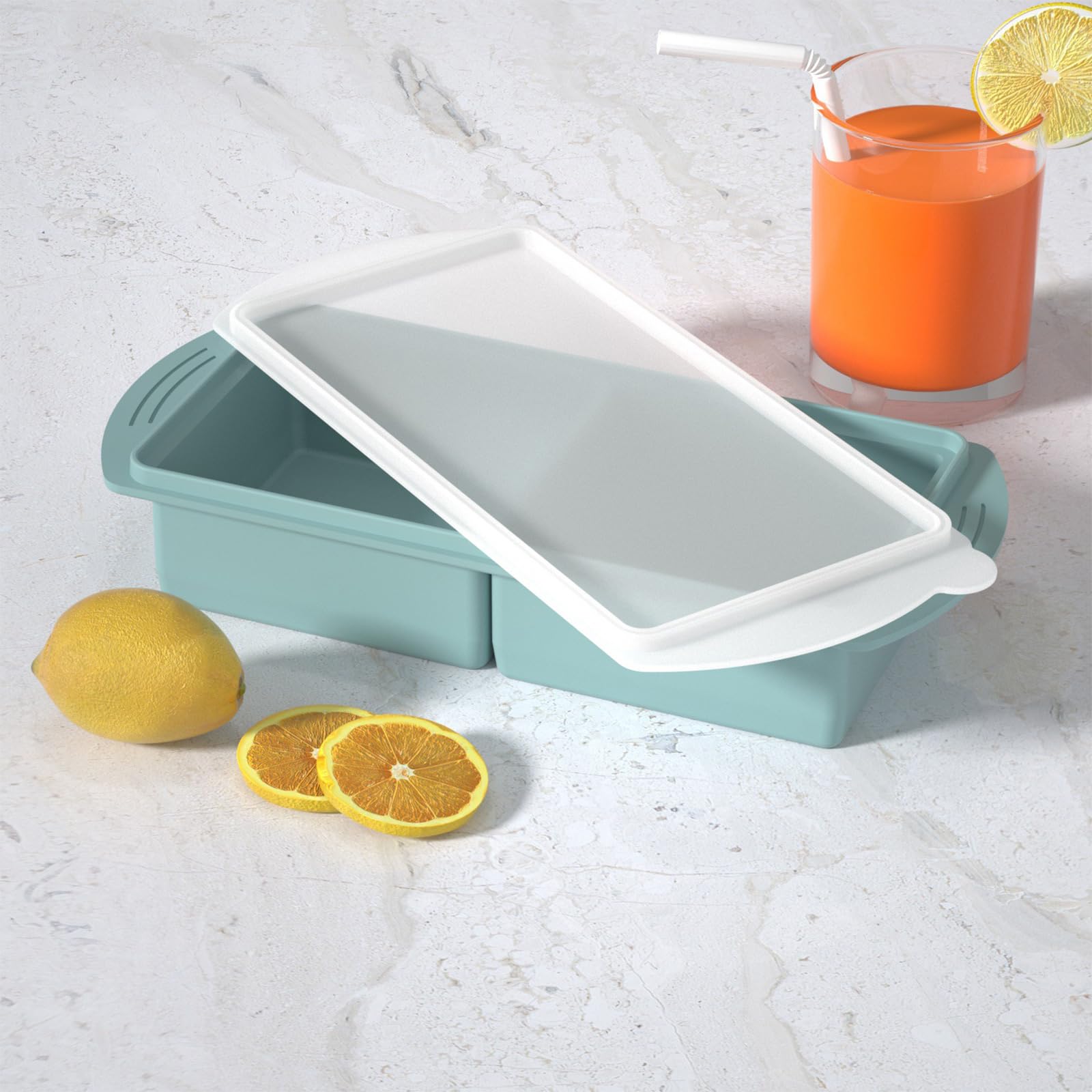 Juego de 2 bandejas grandes de bloques de hielo con cubiertas protectoras ABS resistente para congelar sopas, salsas y bebidas, agarre antideslizante, juego de bandejas de hielo