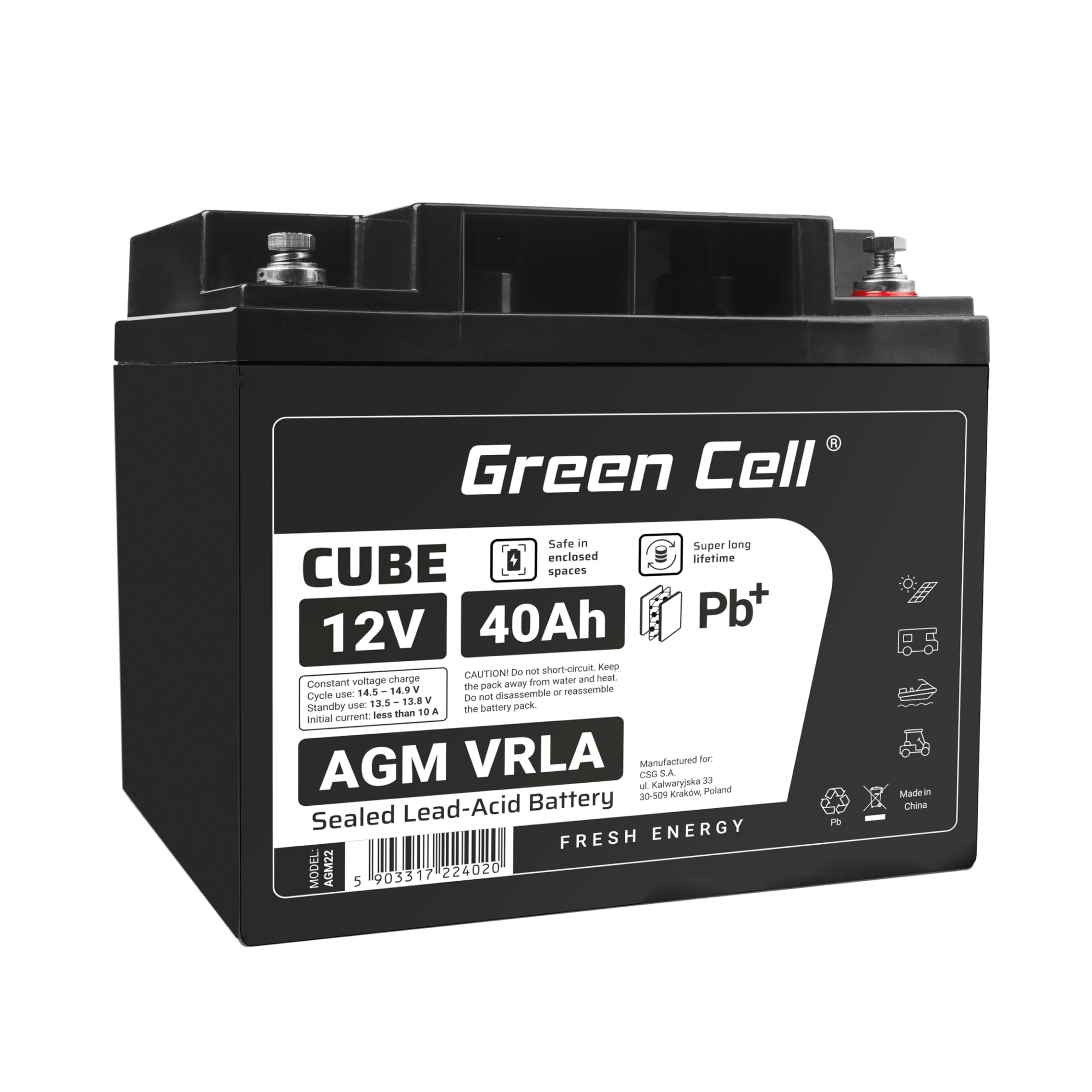 Green Cell AGM 12 V 40 Ah z akumulatorem IP54, z włókniny, VRLA, akumulator ołowiowy, odporny na cykle, bezobsługowy, do przyczep kempingowych, fotowoltaicznych, wózków inwalidzkich, akumulator