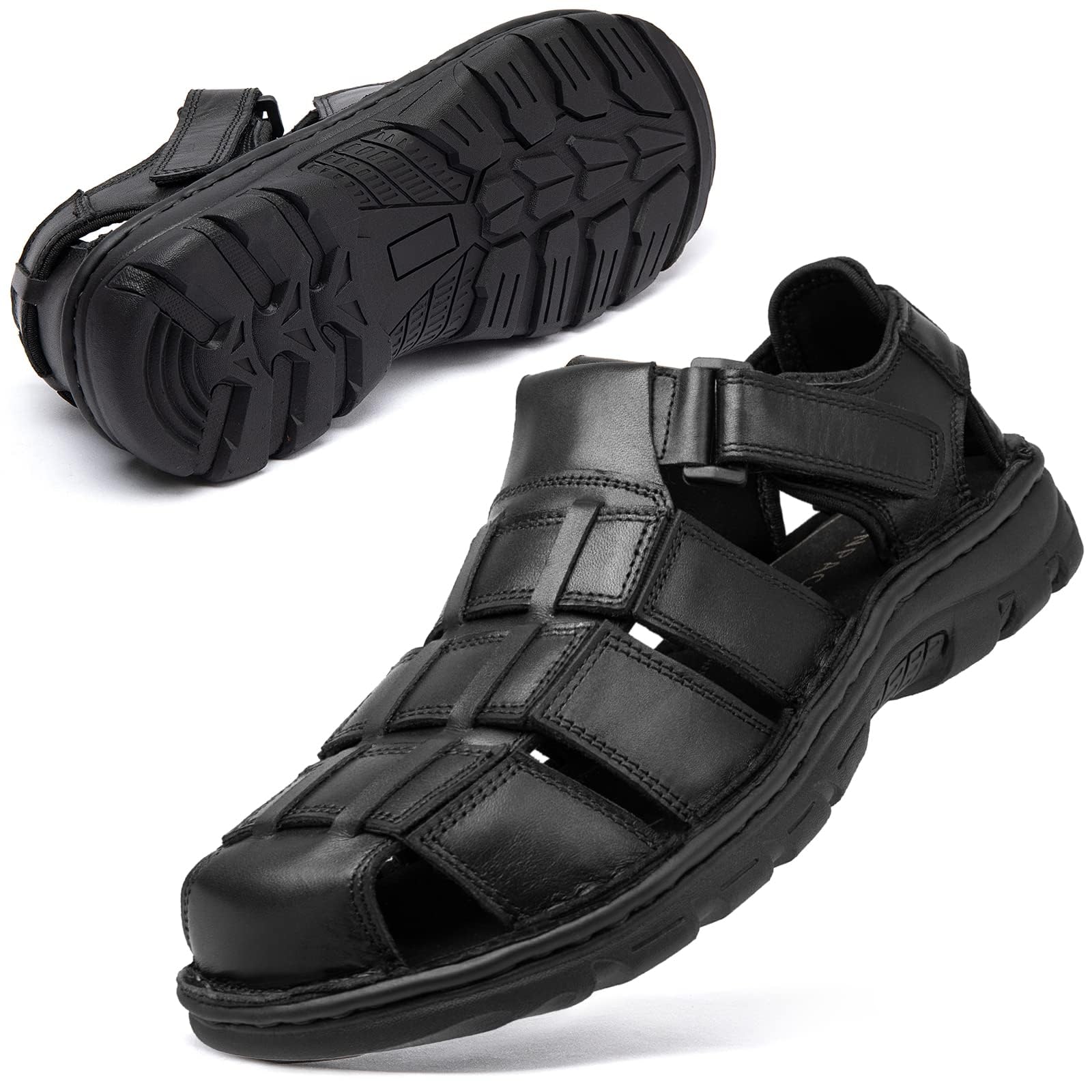 KOIMED Men's Hiking Leather Sandals Closed Toe Water Shoes For Summer Athletic Outdoor Walking Sports Trail River Fishing Wide Adjustable Waterproof Arch Support