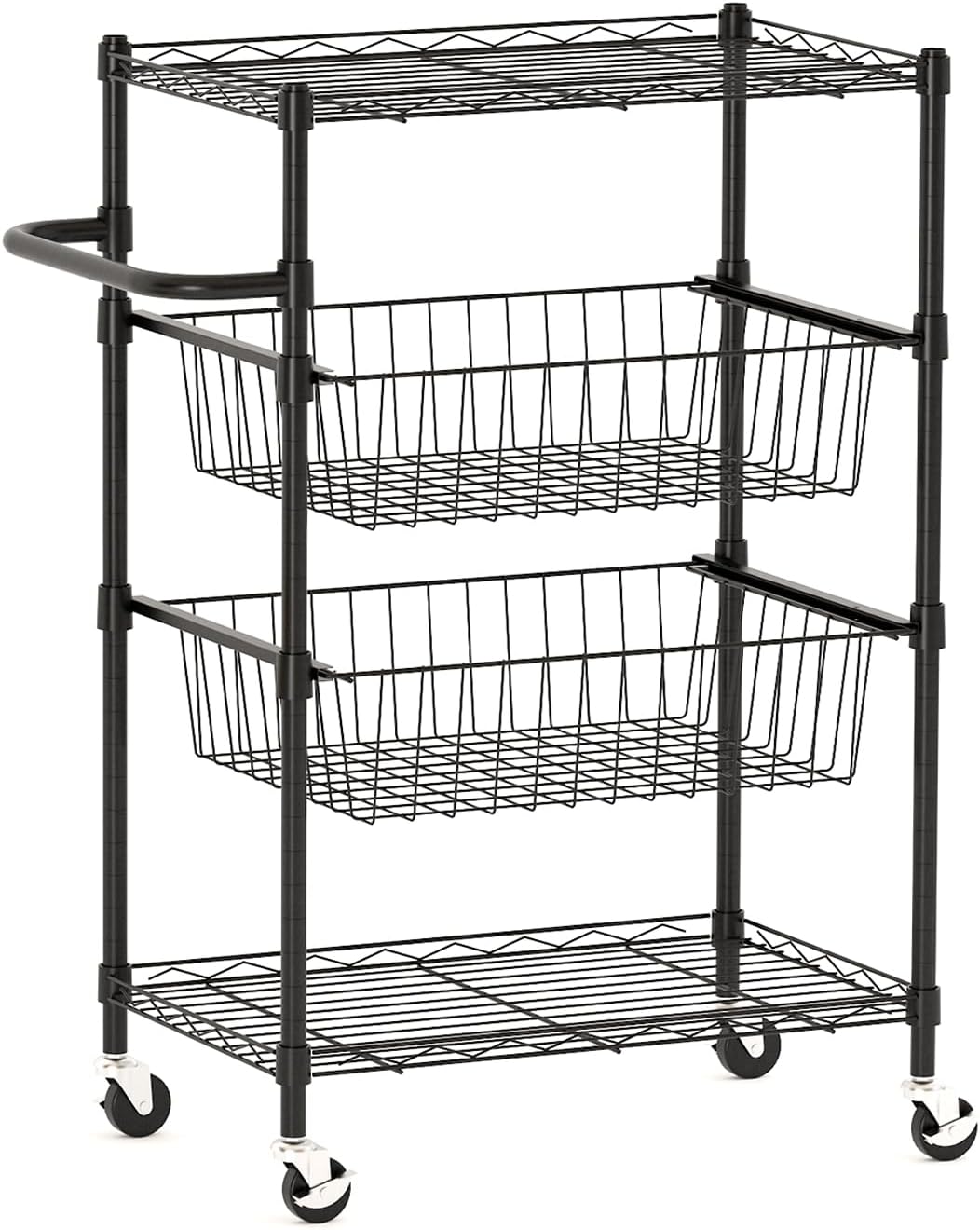 LinTimes 4 Tier Rolling Cart, 110 LB Capacity, Locking Casters & Handle Bar, Wire Storage Rack for Kitchen, Restaurant, Garage, Black