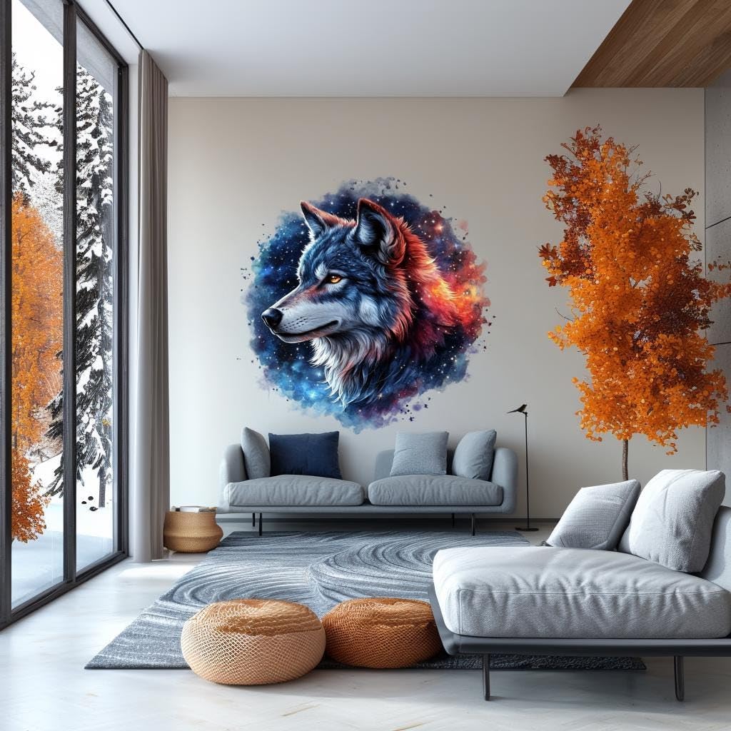 Wandtattoo, Motiv: Himmlischer Wolf, 3D-Wandbild, Motiv: kosmischer Wolf, mystische Tier-Wandaufkleber, Dekoration für Wohnzimmer, Schlafzimmer, von der Natur inspirierter Akzent