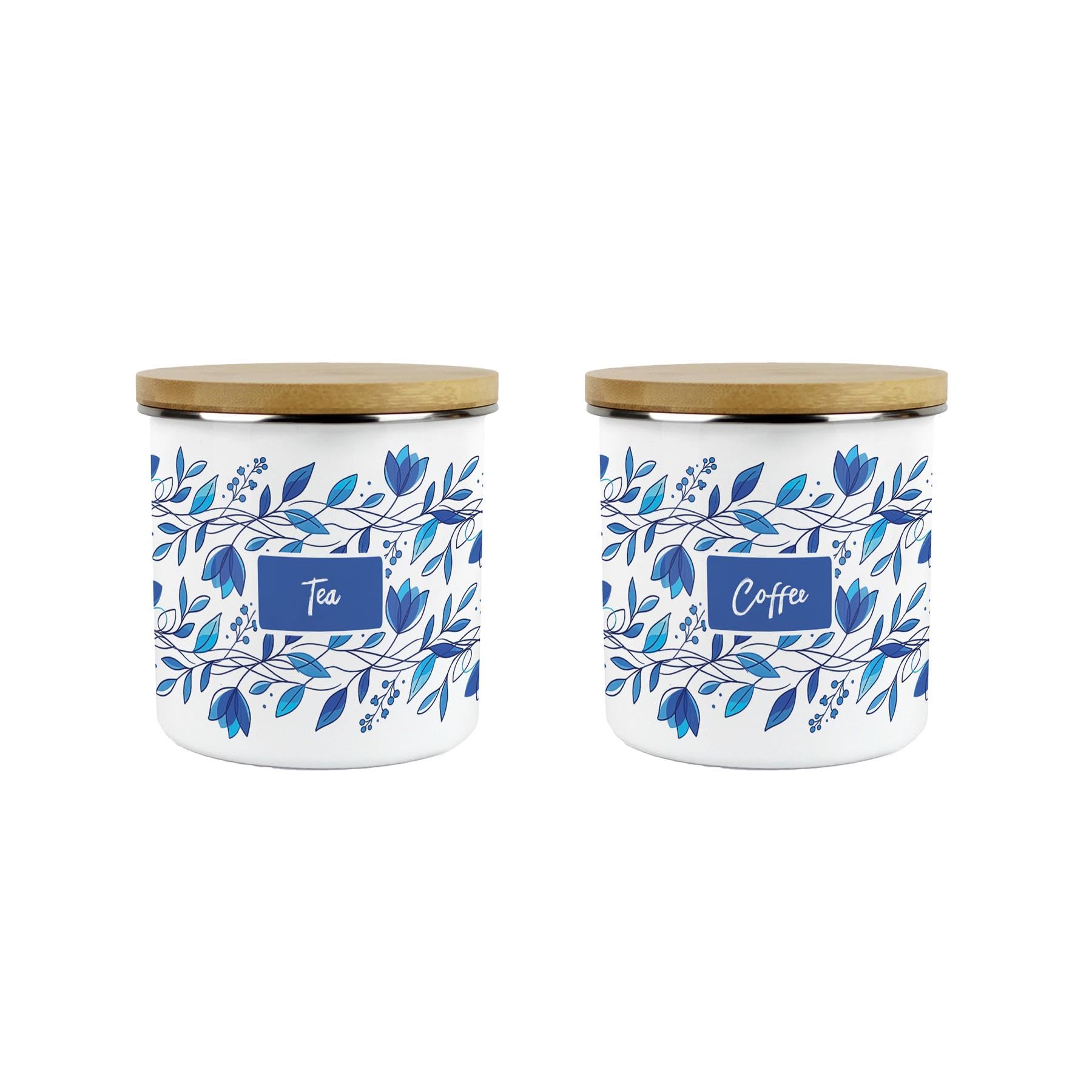 Blue Petals Tea & Coffee Canisters - Floral 600ml Kitchen Containers Gift