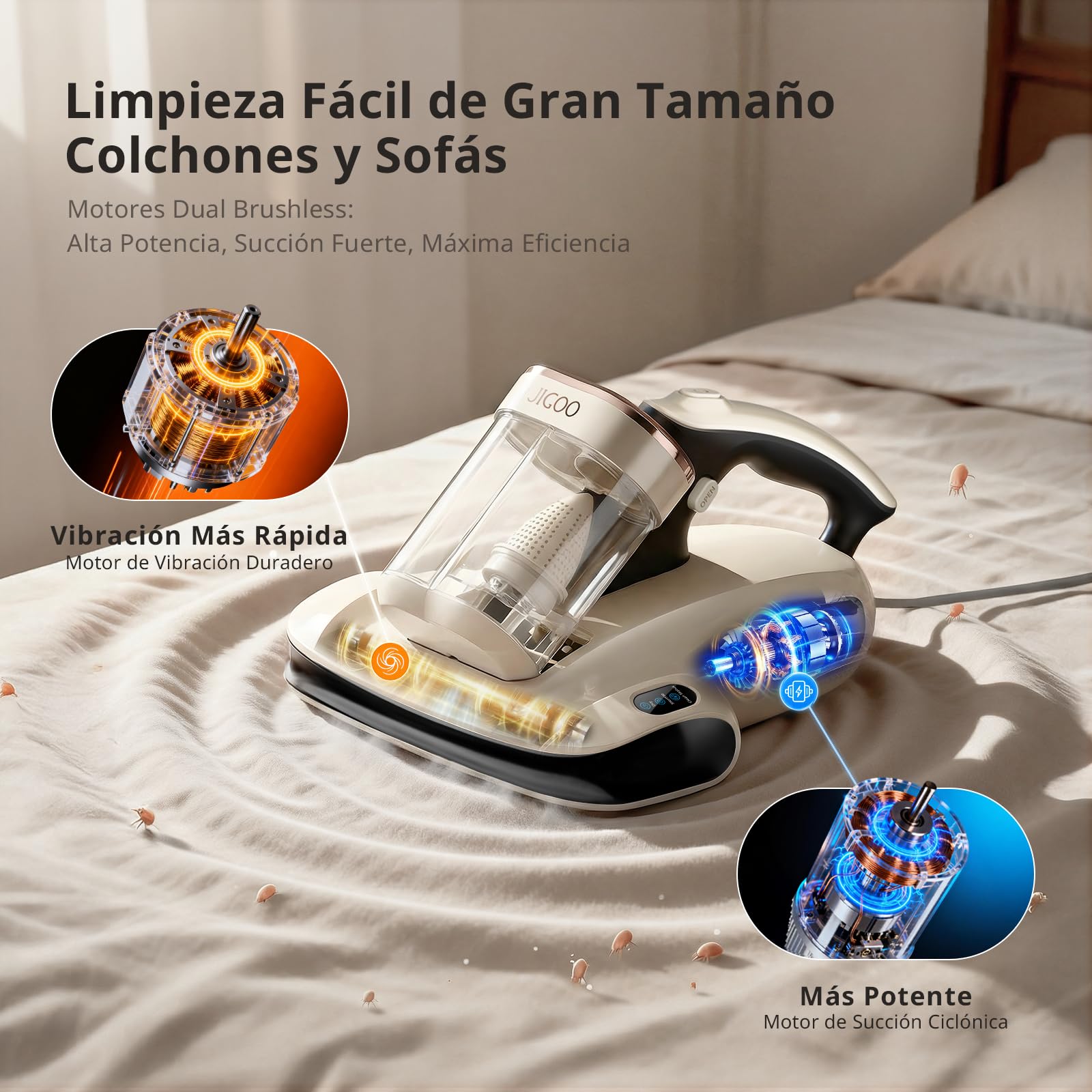 JIGOO S100 Aspirador de ácaros, Aspiradora Antiacaros para colchones con Sensor de ácaros, Pantalla LED, vibración, luz UV, ultrasonido, Elimina 99.9%, Especial Alergias, para Colchones y Sofás