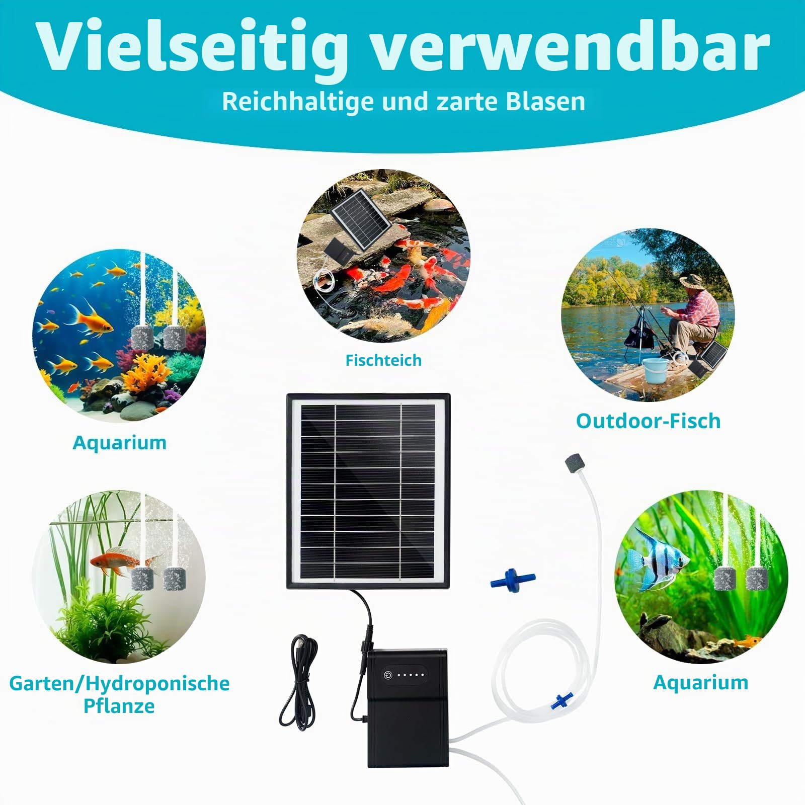 Solar Luftpumpen, Type-C-Laden und Solarladen sind verfügbar, 5W Oxygenator Aquarium Luftpumpe Angelbelüfter mit Rohr Luftblasensteinen, Teich Sauerstoffpumpe Solar