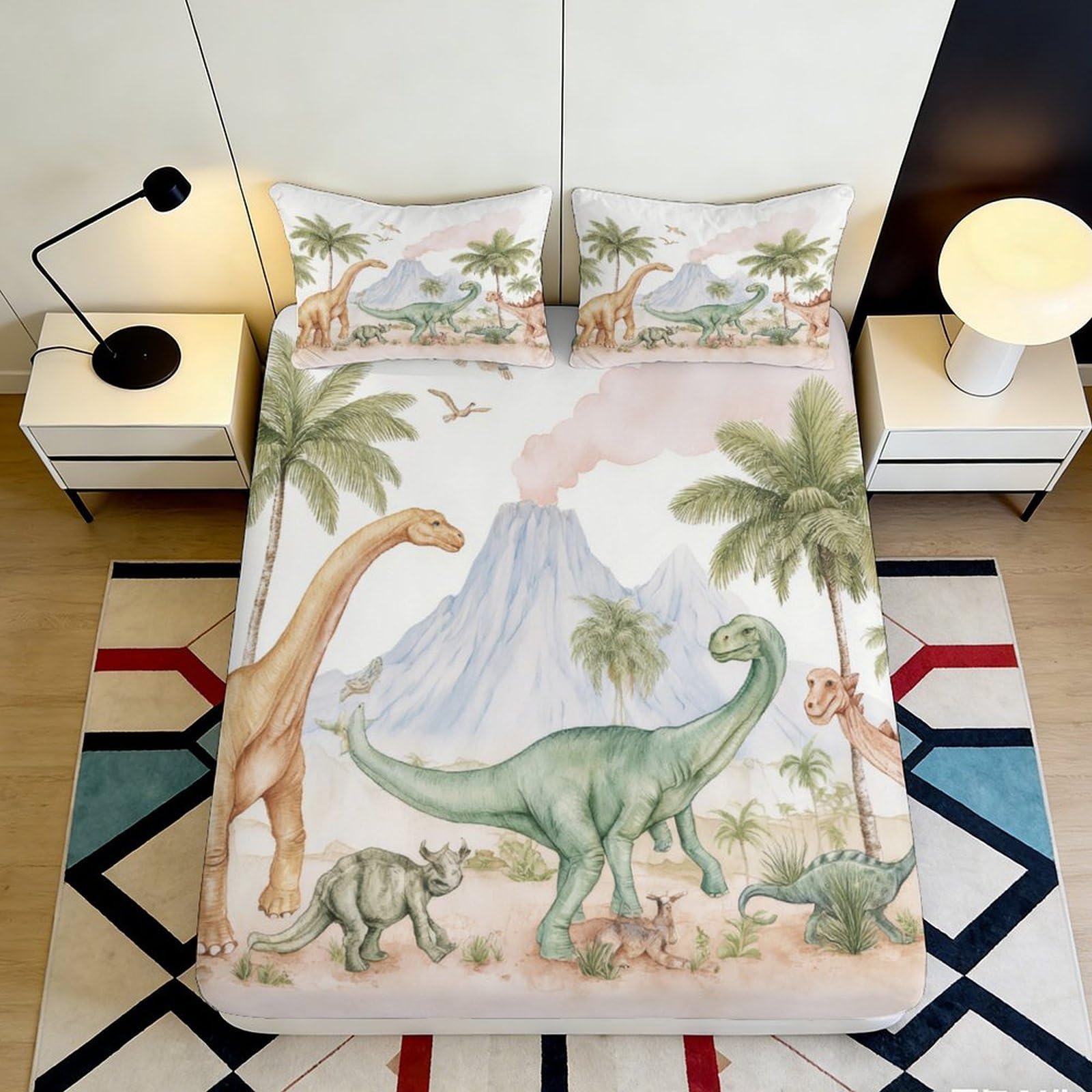 3D Printed Dinosaur Jungle Fitted Sheet Microfiber Soft Breathable Volcano Landscape Mattress Cover for Bedroom Dorm Decor 90x200x25cm