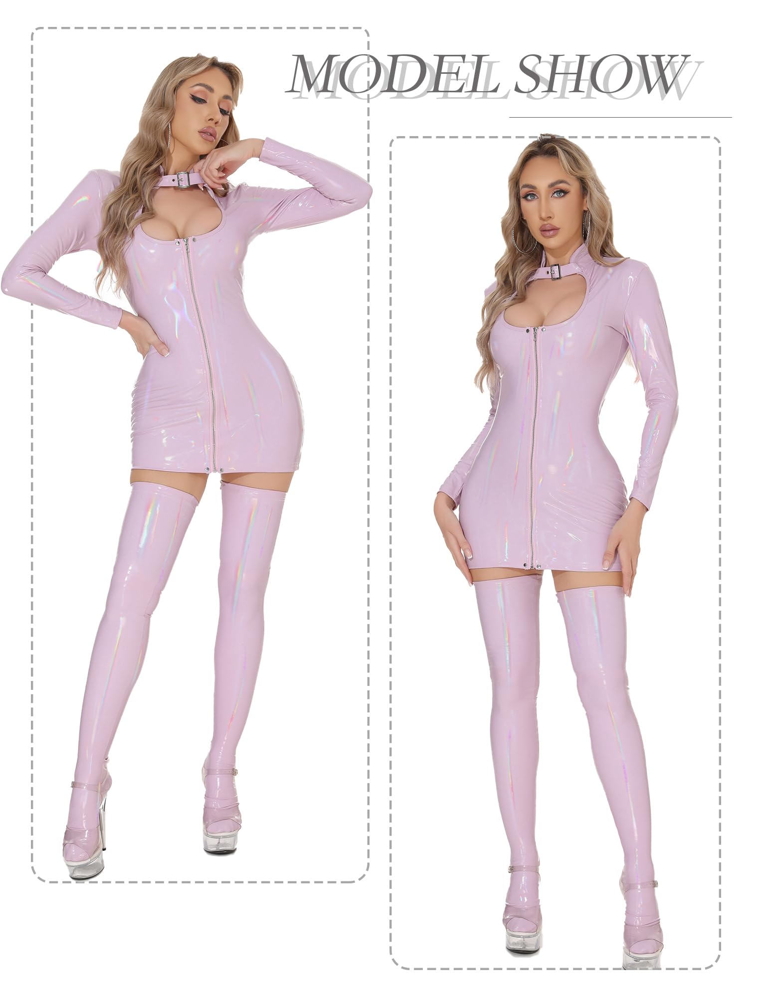 FEOYA Dominatrice Outfits Women Leather Pink Latex Mini Dress Sexy PU Wet Look Lingerie Outfits Halloween Costume: Purple Large-X-Large