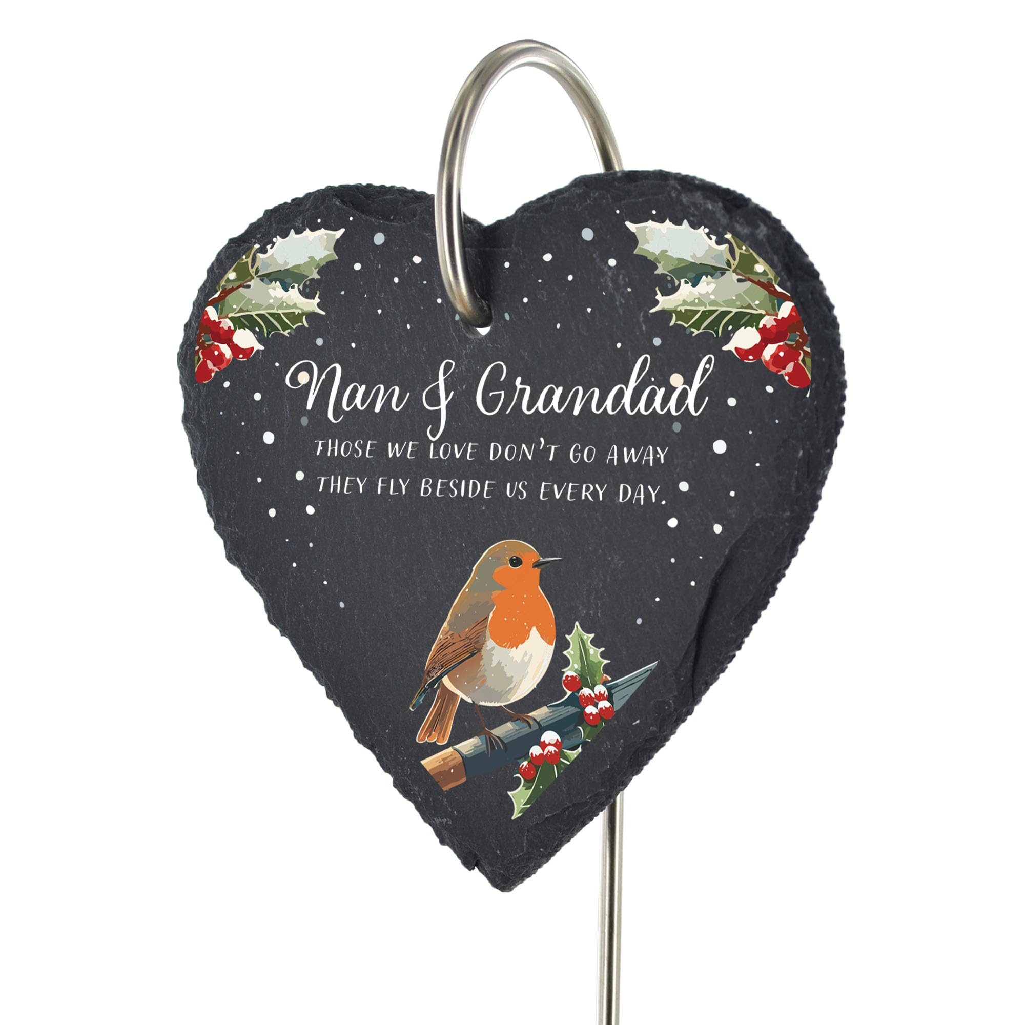 For Heaven Slates Nan & Grandad — Christmas Robin Memorial Headstone Decoration — Those we love don’t go away they fly beside us everyday — Outdoor Ground Stake — Slate Heart — Christmas Memorial