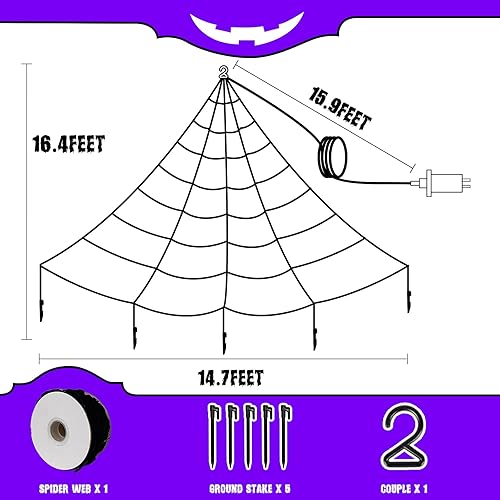 Miniatura 5 de Vanthylit Decoraciones de Halloween para exteriores, luces gigantes de telaraña de 16 x 15 pies con 135 luces LED moradas iluminadas para fiestas,