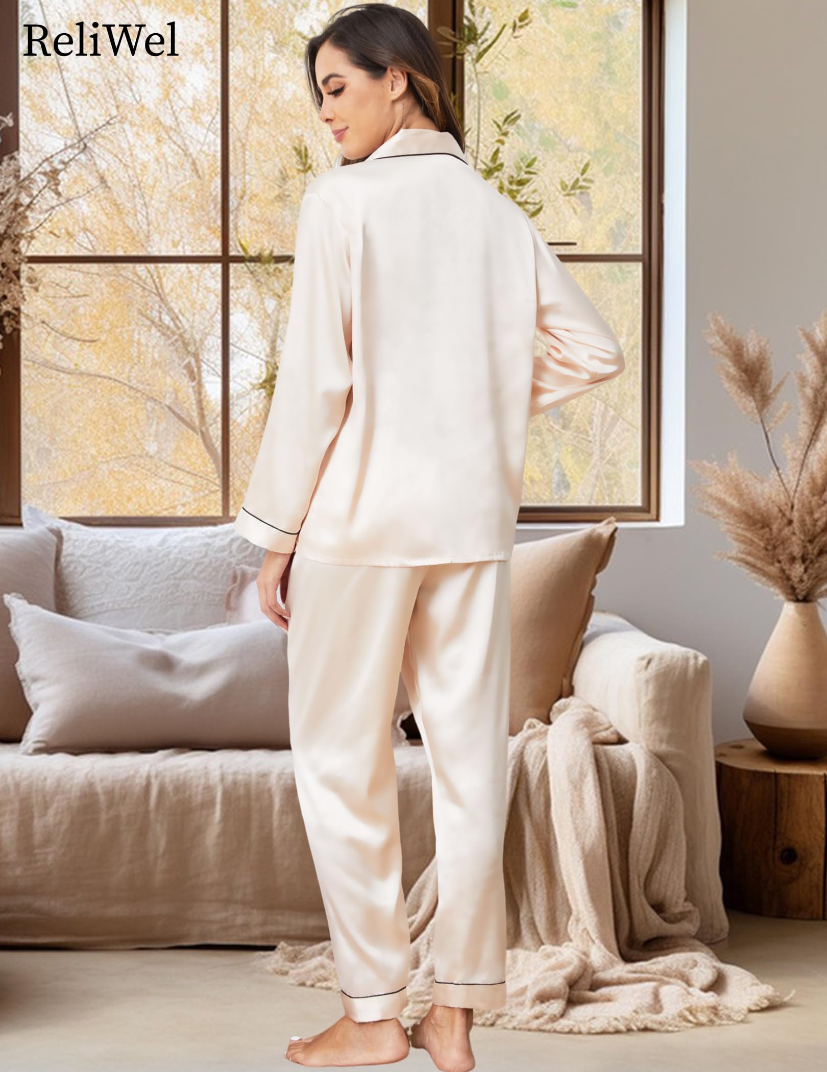 Pyjama Femme Satin à Manches Longues Ensemble de Pyjama Femme Boutonné en Satin Pyjama Soie pour Femme Vêtements de Nuit Toutes Les Saisons 2 Pièces