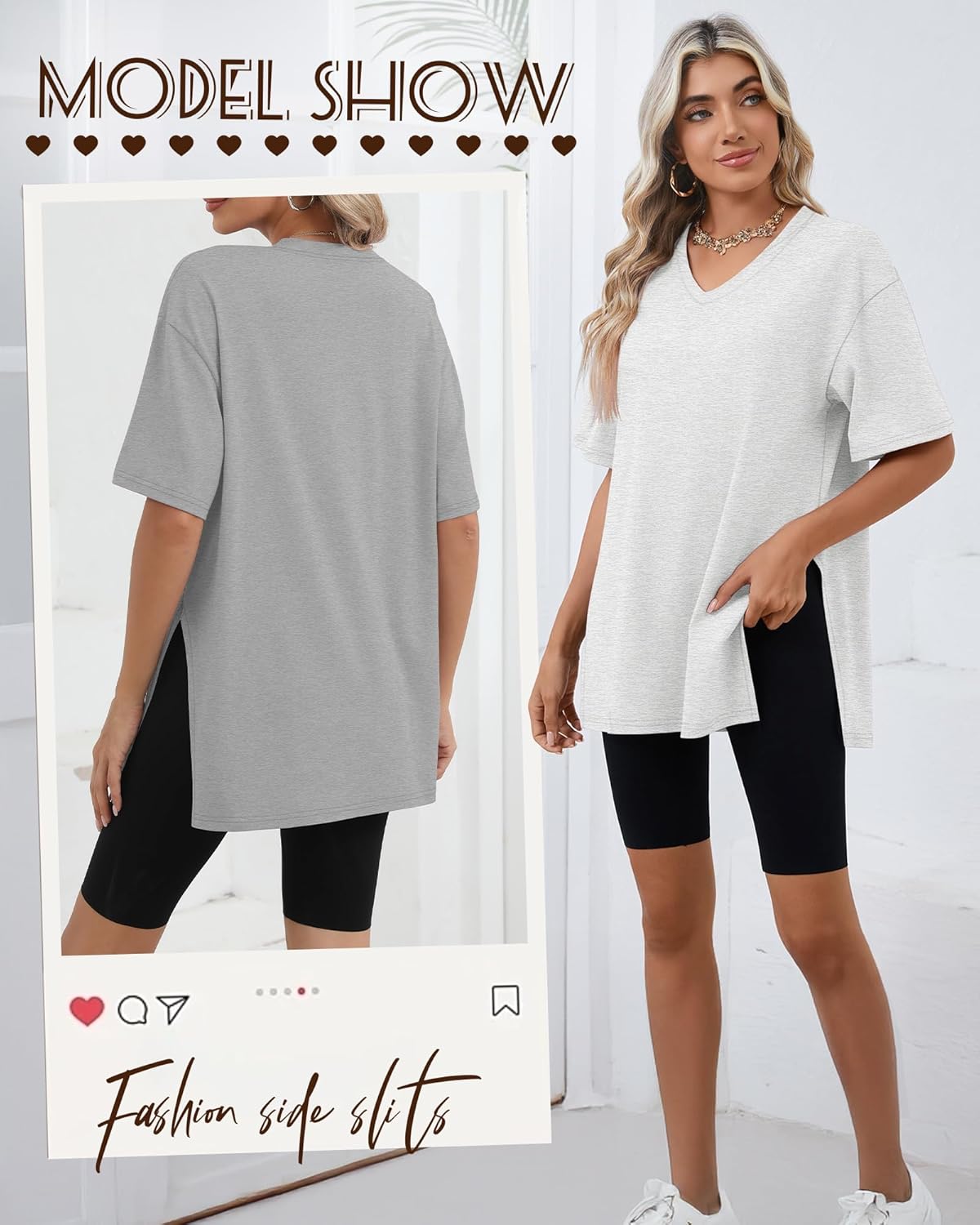 Huukeay 3 Pack Oversized Shirts for Women V Neck Workout T Shirt Casual Side Split Tee Short Sleeve Loose Tops Tunic Tops - Image 2