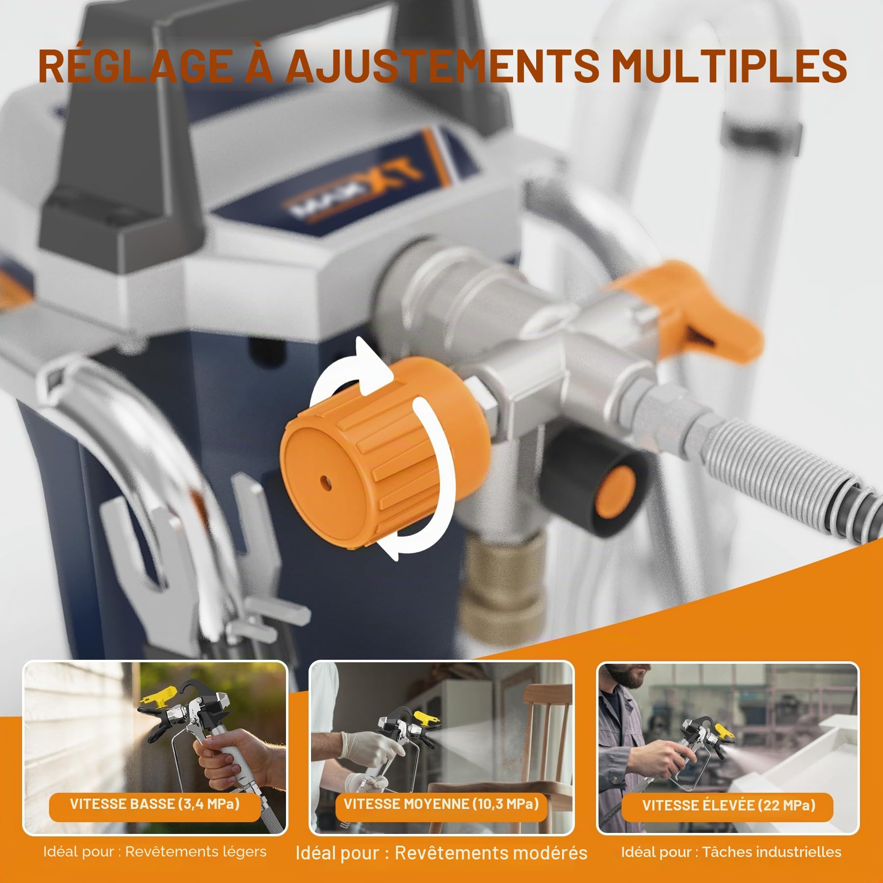 Maxxt Pistolet Peinture Airless Haute Puissance 1300W, 220-240V~50Hz, Pression Max 3000PSI/20.7MPa, Débit 1,44L/min, Tuyau 7,5m, Buse 517, Manomètre & Accessoires Complets pour Maison et Professionnel