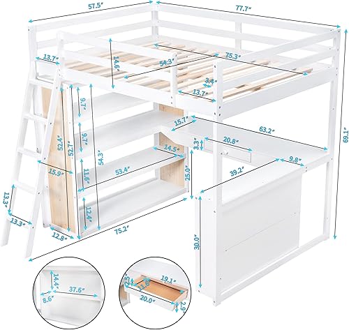 Miniatura 2 de JIVOIT Cama alta de tamaño matrimonial con estantes cajón y escritorio integrado marco de cama de madera maciza con escalera y barandillas de