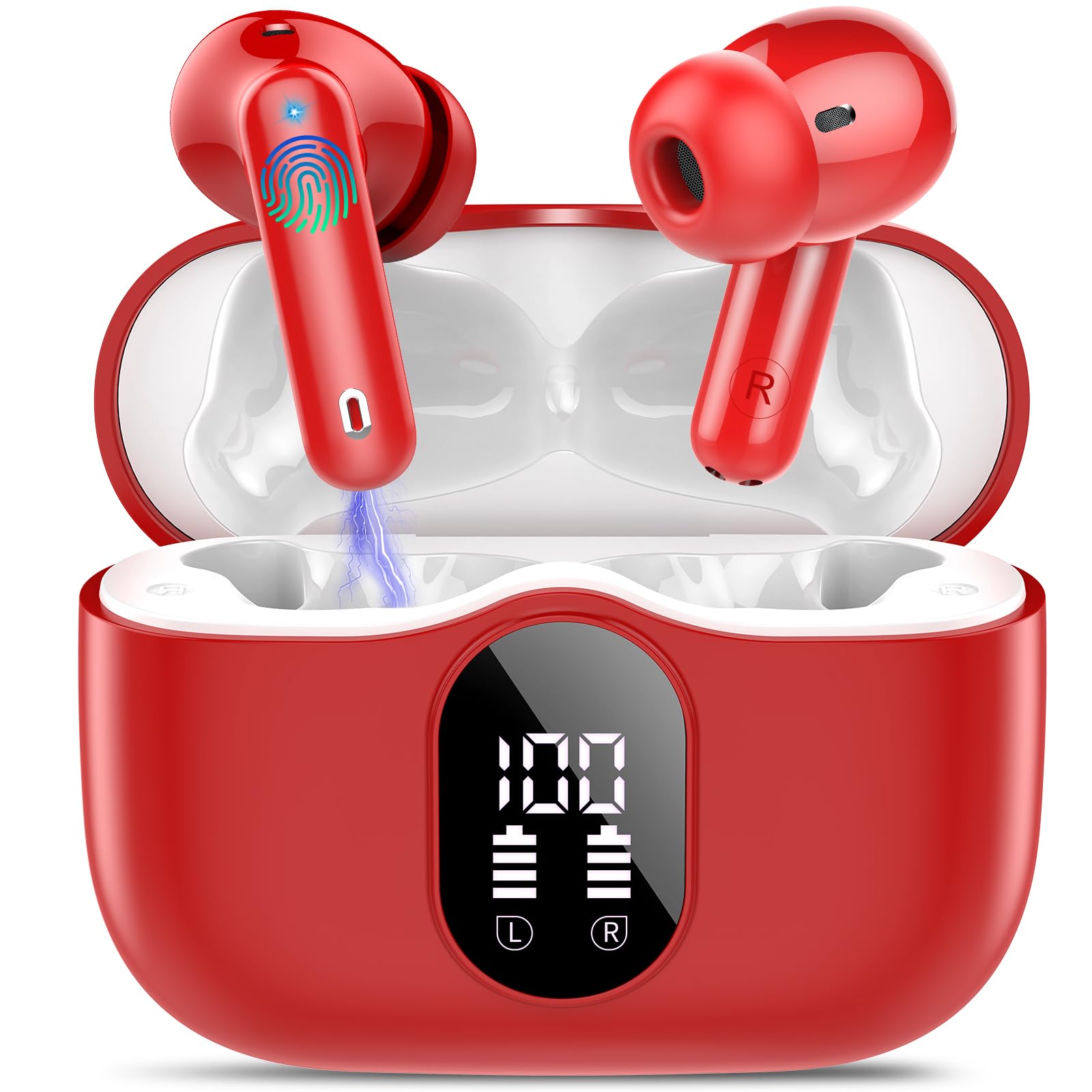 Wireless Earbuds, Bluetooth 5.4 Headphones Bass Stereo, Ear Buds with Noise Cancelling Mic, IP7 Waterproof in Ear Earphones, 36H LED Display Bluetooth Earbuds for Laptop Pad Phones Sports, Red