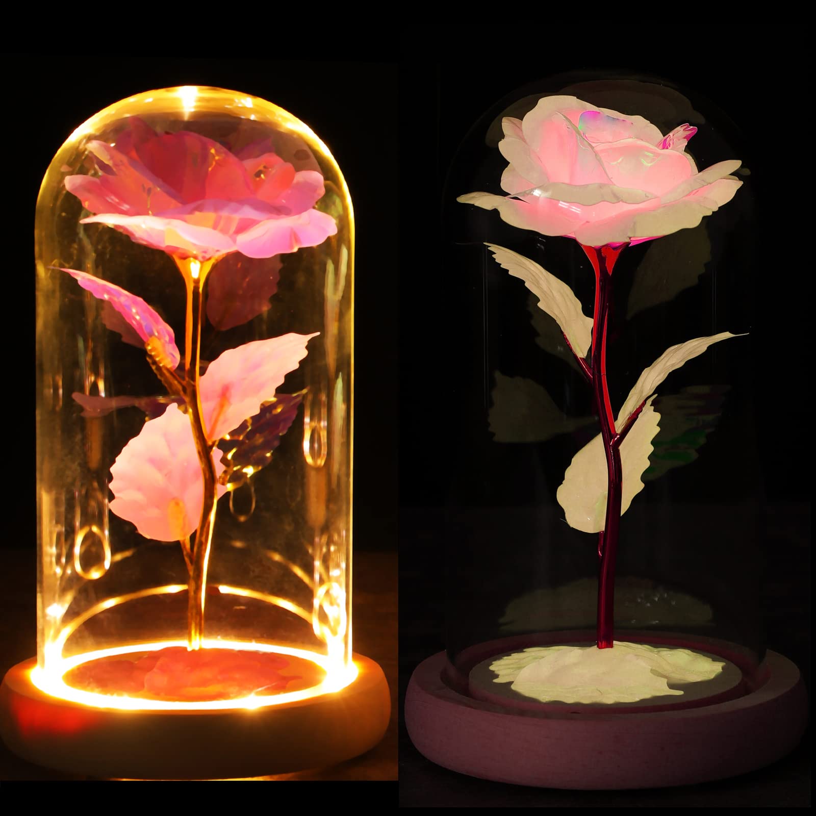 Glass Rose Galaxy Rose Flower Gift for Her, Artificial Glass Flower Rose Forever Rose in Glass Dome with Fluorescence for Women's Gift on Valentine's Day Mother's Day Birthday Thanksgiving Anniversary