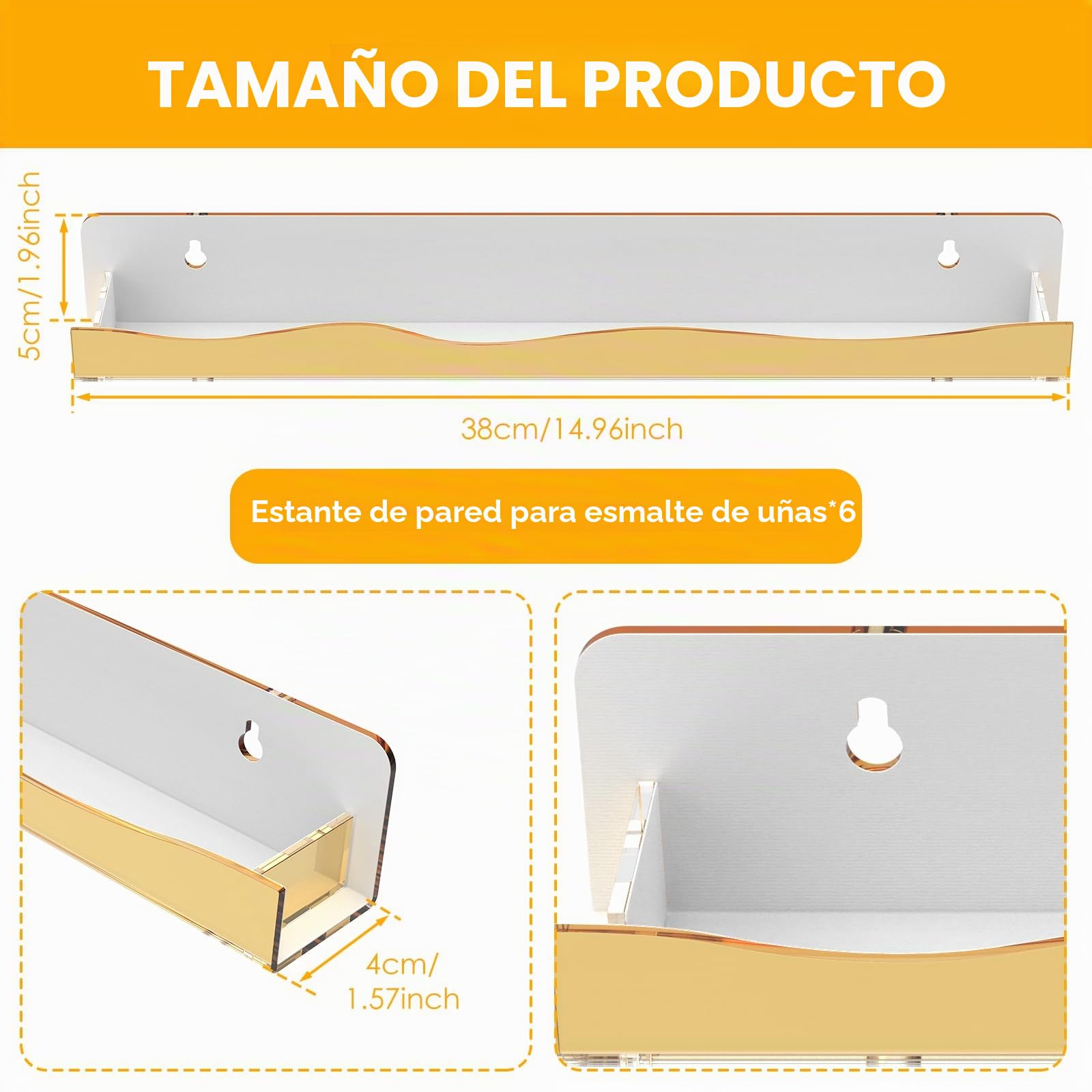 Estantería de pared para esmalte de uñas, 6 estantes colgantes de oro de estante de esmalte de uñas, 38 cm de longitud, acrílico, organizador de exhibición de uñas para 66-90 botellas