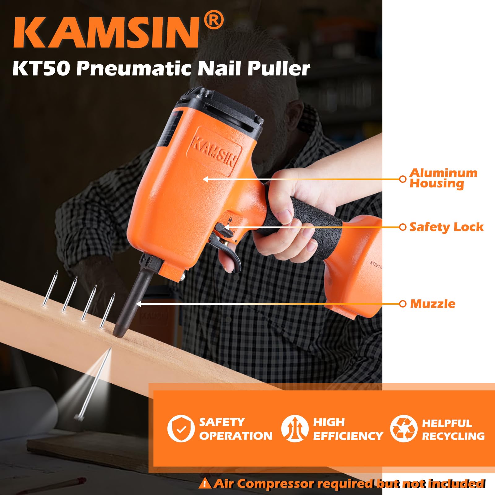 KAMSIN KT50 Pistola Neumática Extractora de Clavos de Gran Potencia con Gatillo de Seguridad, Clavadora Neumática de Gran Potencia, Extractor Neumático de Clavos
