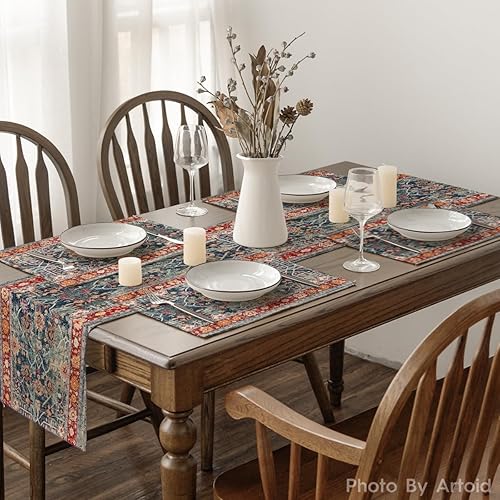 Miniatura 6 de Artoid Mode Juego de 4 manteles individuales de estilo bohemio rojo de 12 x 18 pulgadas, manteles individuales mágicos de otoño para decoración de