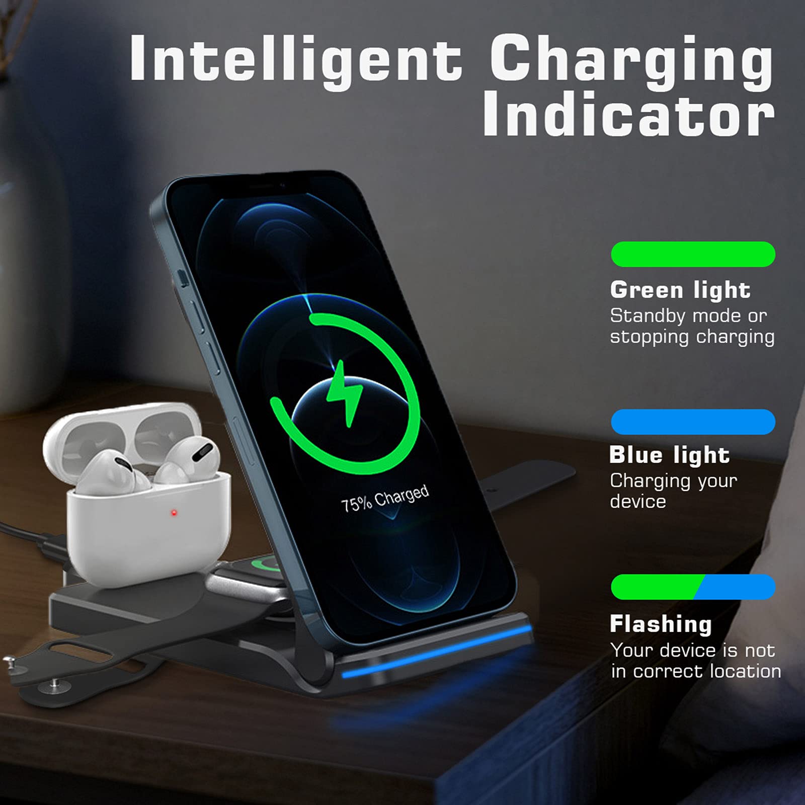 Supporto di ricarica wireless pieghevole 3 in 1, 15 W, stazione di ricarica rapida certificata Qi, pad per iPhone 12/11/XS/XR/8/Apple Watch 6/5/4 per tutti i telefoni abilitati Qi (bianco)