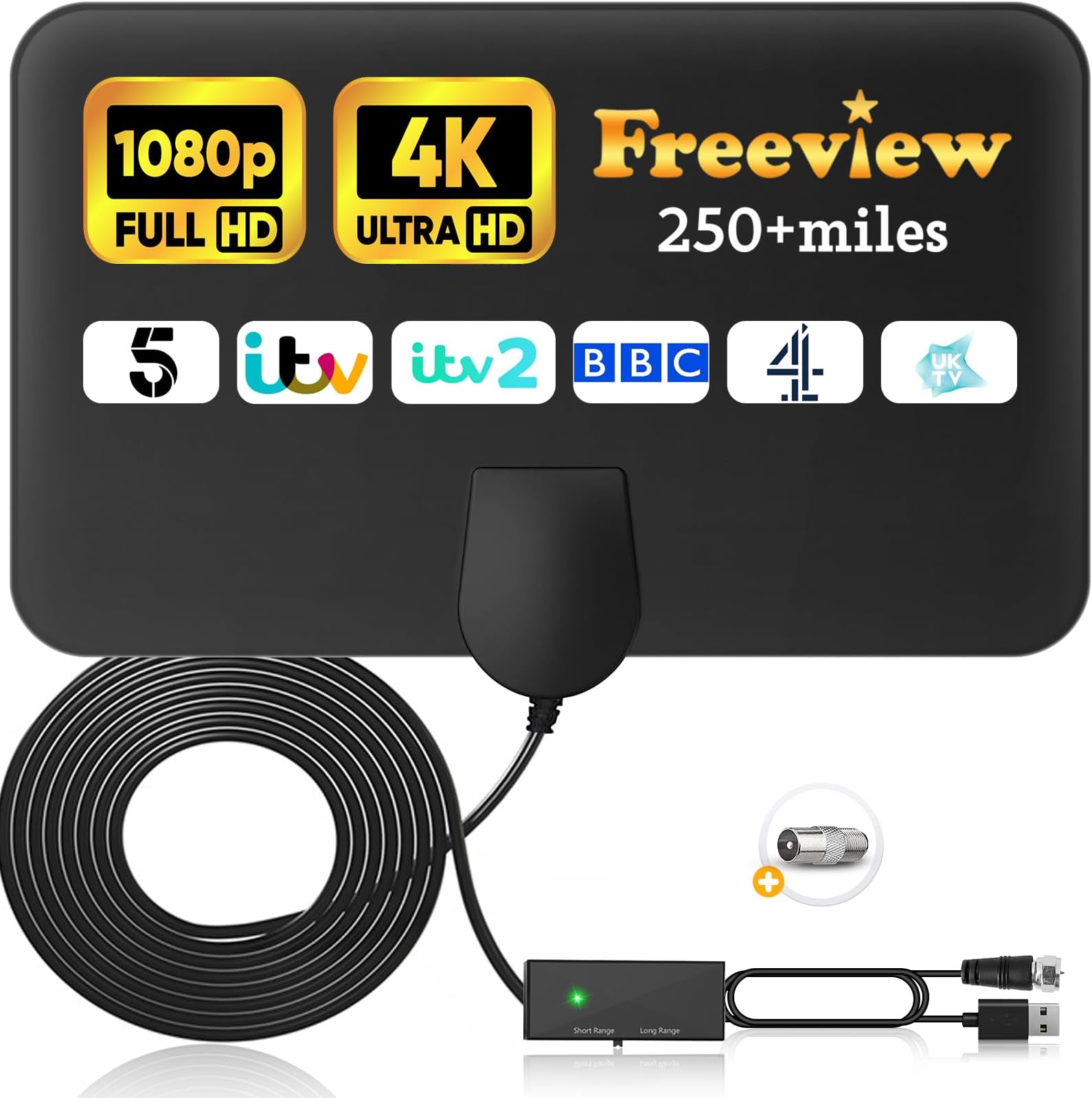 Indoor TV Aerial 250+ Miles Long Range, Freeview Digital TV Aerial with