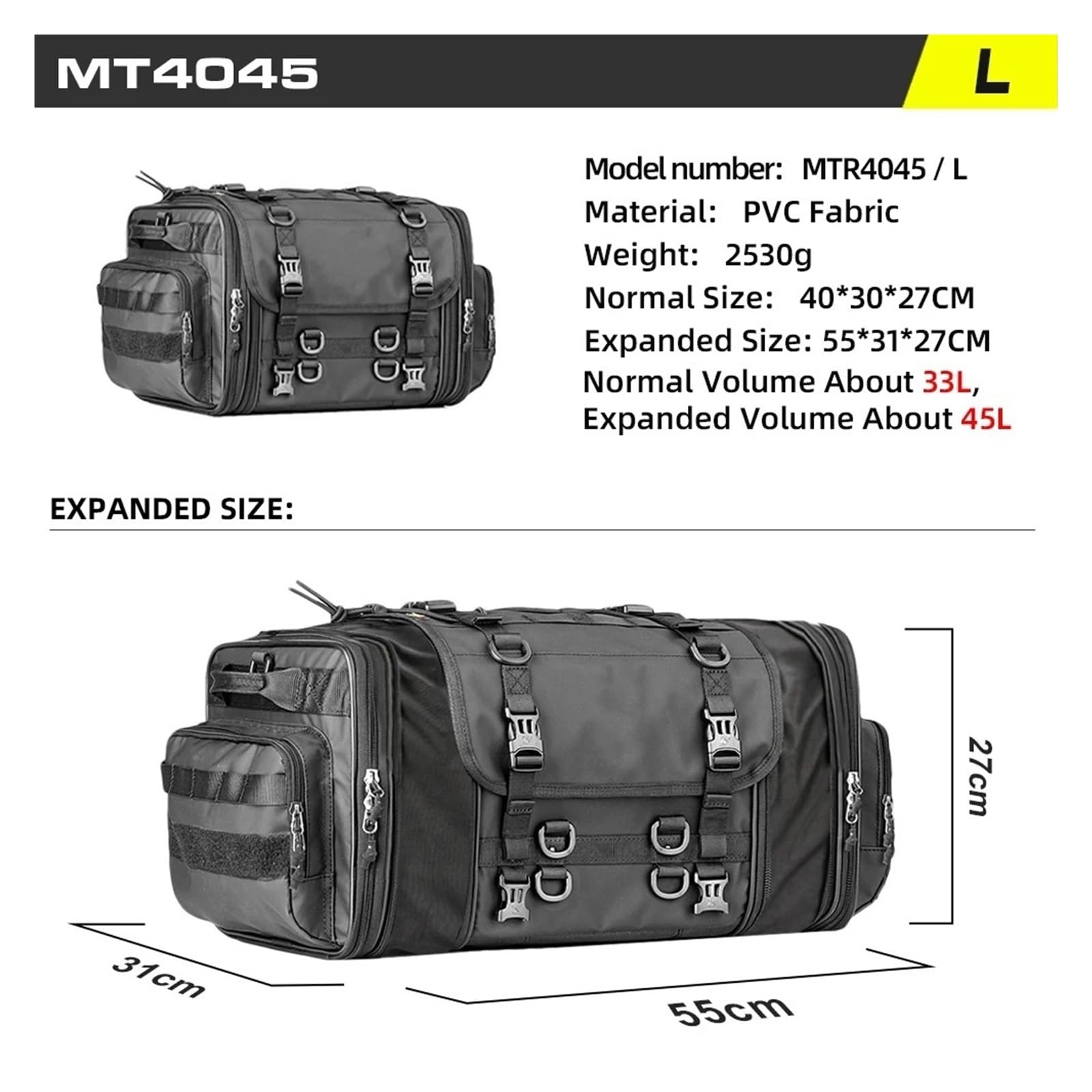 borsa sella moto Accessori moto Borsa da viaggio per bagagli Impermeabile 19L-80L Espandibile Coda motore di grande capacità/Tronco/Portapacchi per la maggior parte dei modelli(L 33L-45L)