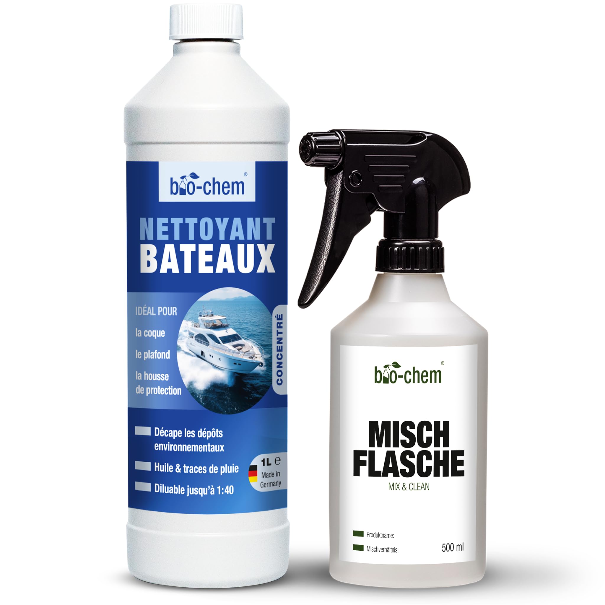 bio-chem - Produit de nettoyage pour bateau 1L + flacon mélangeur - Entretien de coques de bateaux, navire, yacht, kayak - Solution nettoyante pour bateau pneumatique