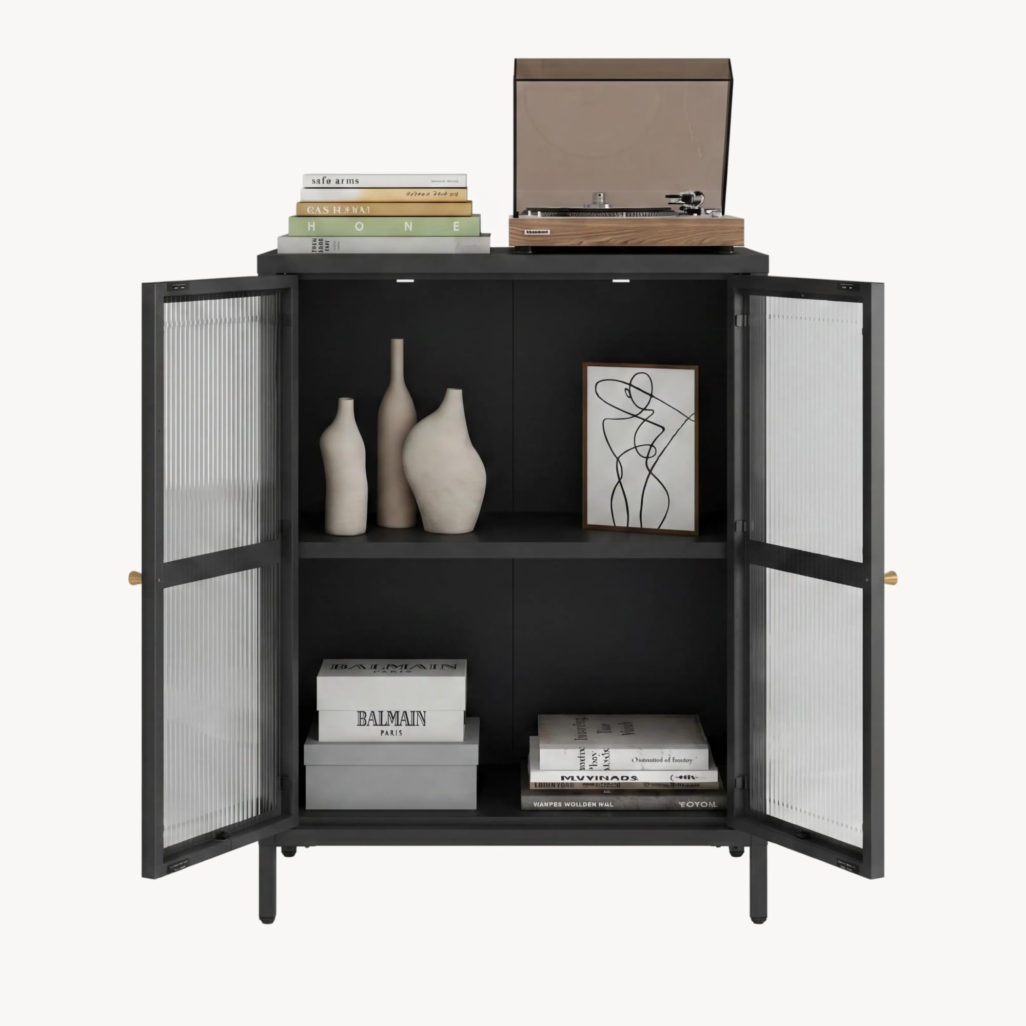 [en.casa] Comò con Ante in Vetro Scanalato Credenza in Acciaio per Soggiorno Mobile Vetrinetta con Scomparto Diviso 84x64x35 cm Nero