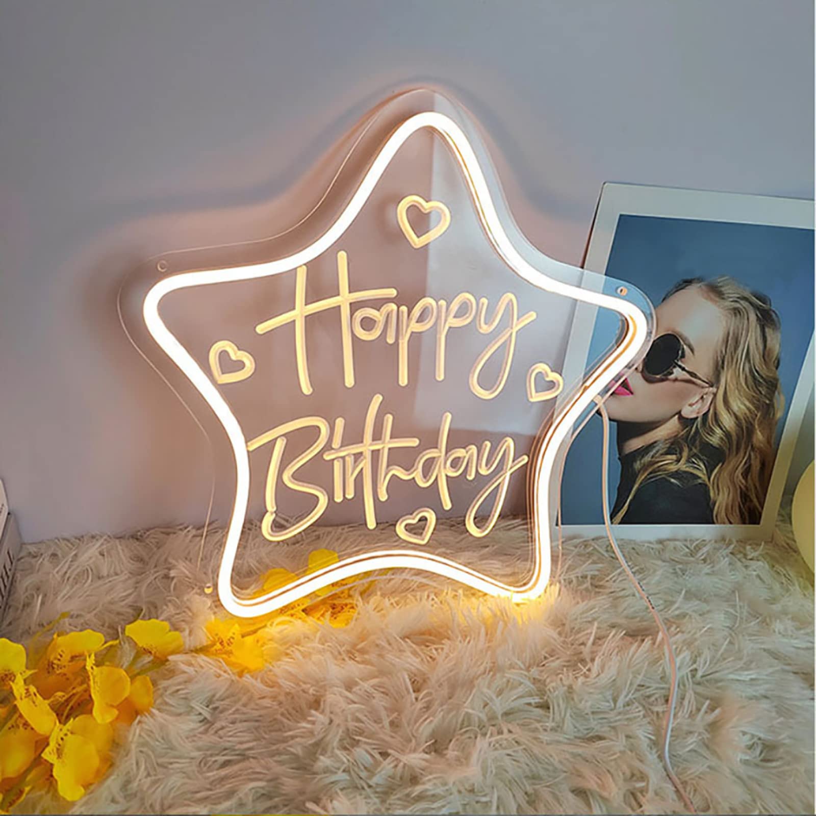Led Neon Signs|Star Shape Happy Birthday Letters Glowing Modeling Lights|USB Powered Dimmable Birthday Party Decor Ambient Lights,Warm White