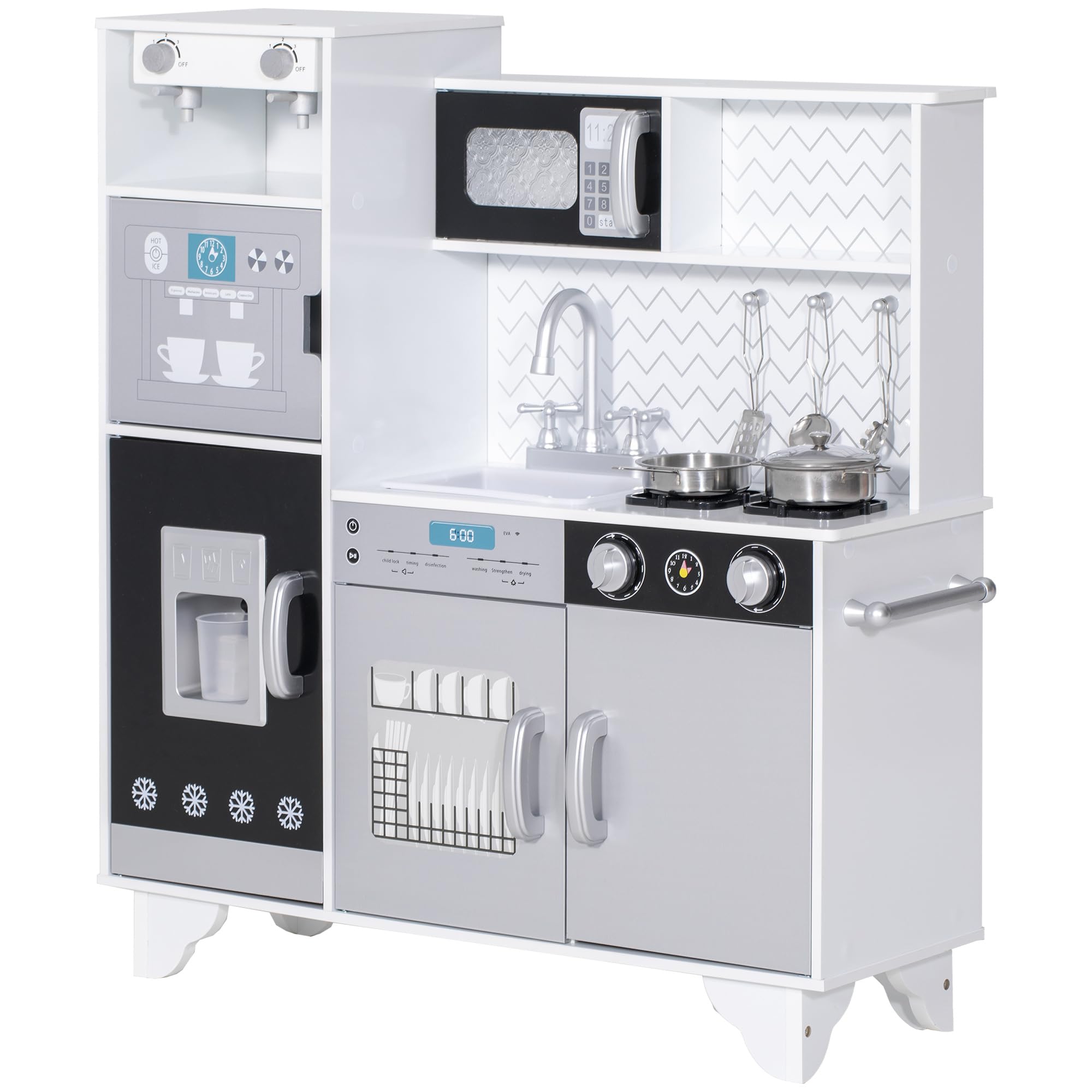 AIYAPLAY Kids Play Kitchen, Large Pretend Play Toy Kitchen with Stove Sounds, Microwave, Ice Maker, Coffee Maker, Sink, Stainless Steel Utensils, Cooking Role Play Set for Boys and Girls 3-6 Years