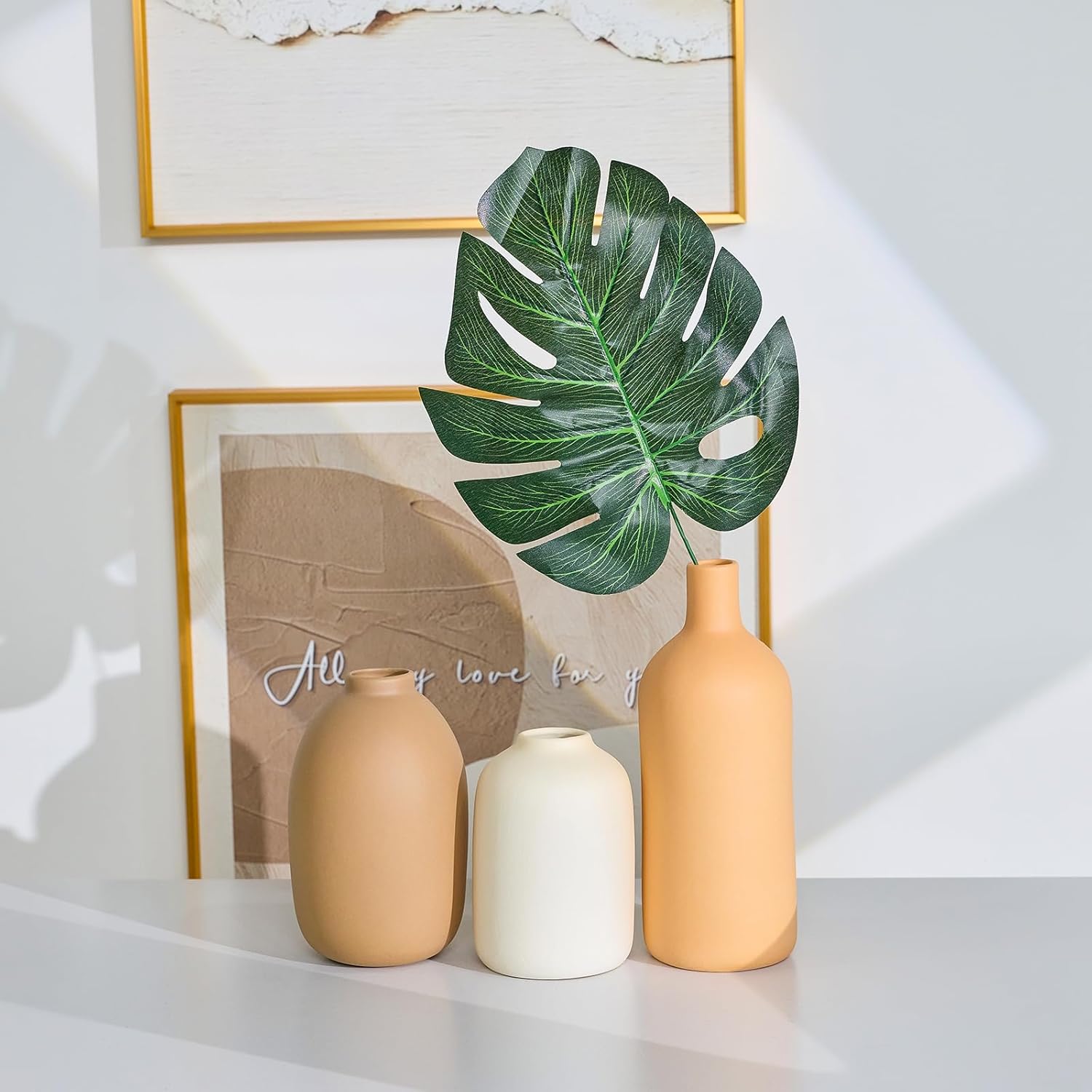 Ceramic Vase Set of 3,Neutral Modern Vases for Bouquet Pampas Grass Dried Fresh Flowers,Rustic Home Decor for Living Room,Bedroom Entryway(Beige) - Image 4