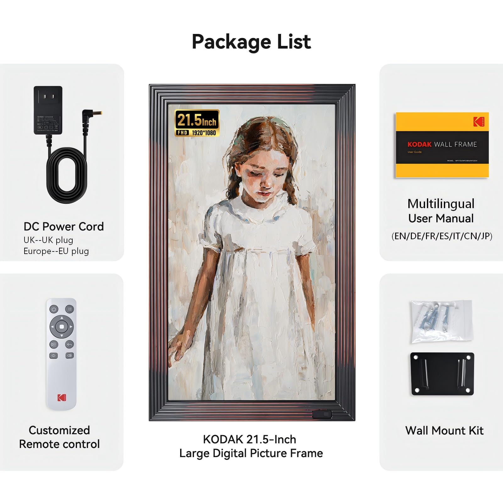 KODAK Cadre Photo Numérique Connecté WiFi, Cadre Numerique Photo Grand Format, 21.5 Pouces FHD IPS Écran, 32Go Mémoire, Partagez des Photos/Vidéos via App, Rotation Automatique, Détecteur de Mouvement