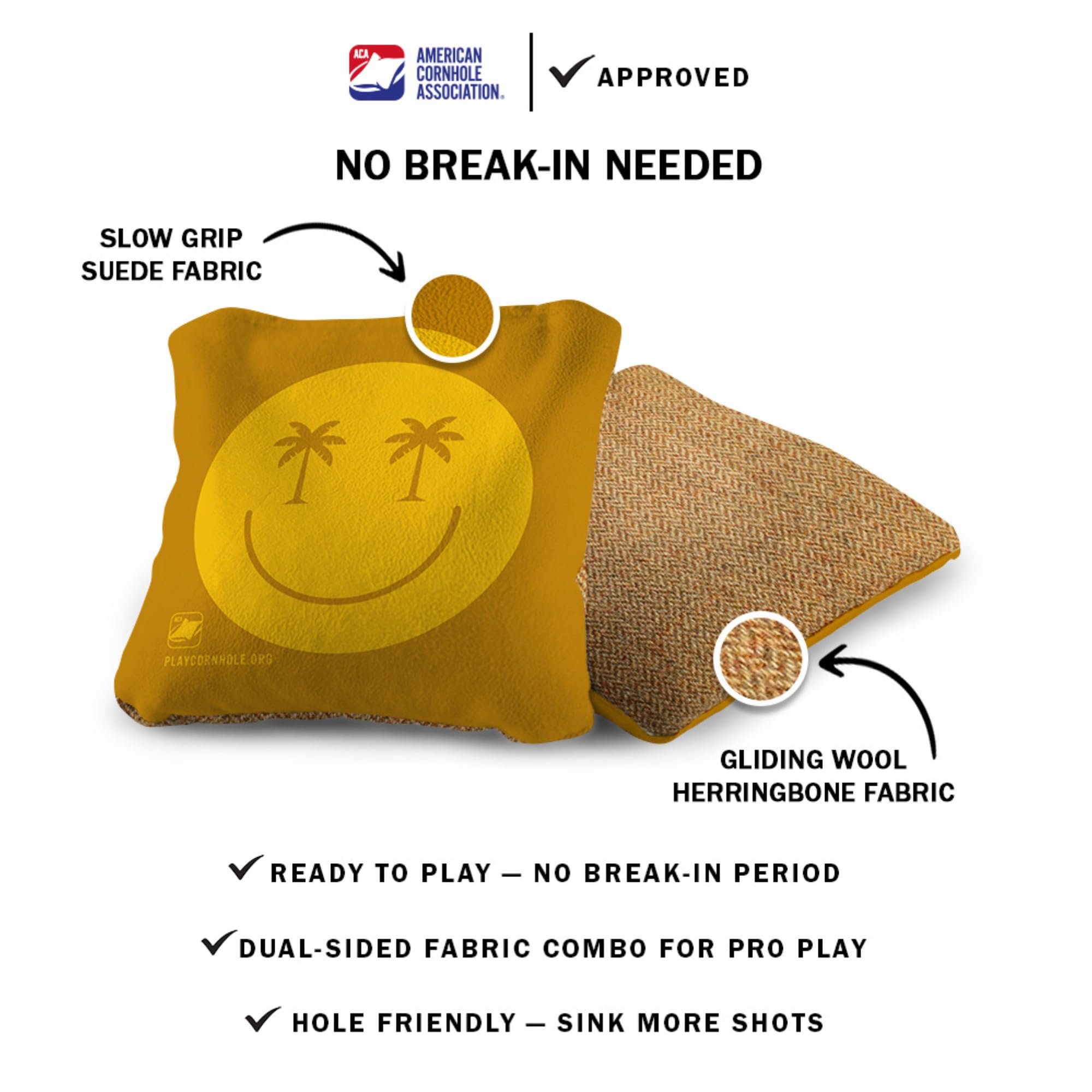 ACA Synergy Soft Professional Cornhole Bags Dual Sided Regulation 6x6 Set of 4 Smiley Palm Yellow