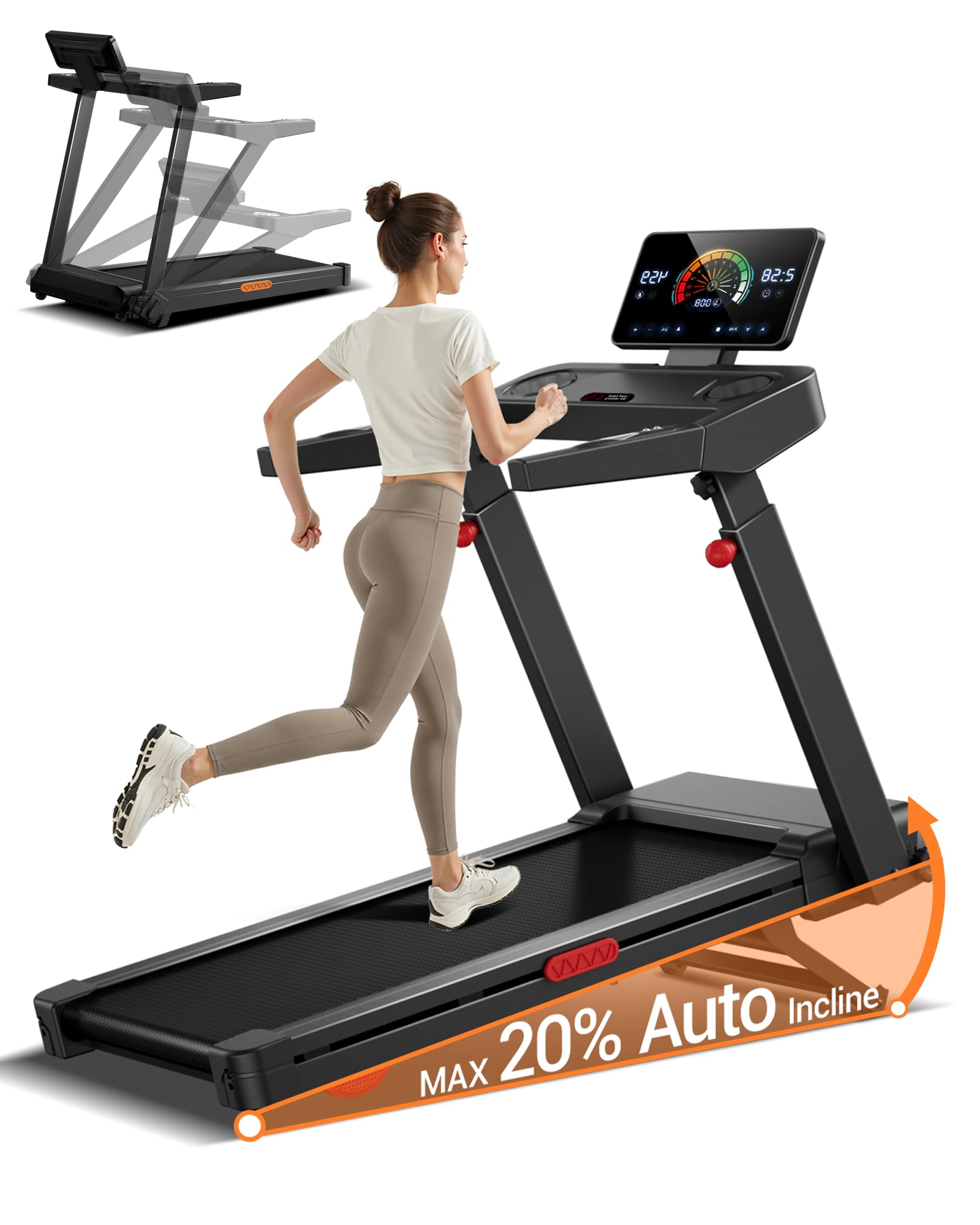 Treadmill with Auto 20% Incline, Treadmills for Home, Running Machine with 400lb Capacity Weight, 3.5hp Quiet Brushless Engine, 42.5" × 16.2" Widen Running Area