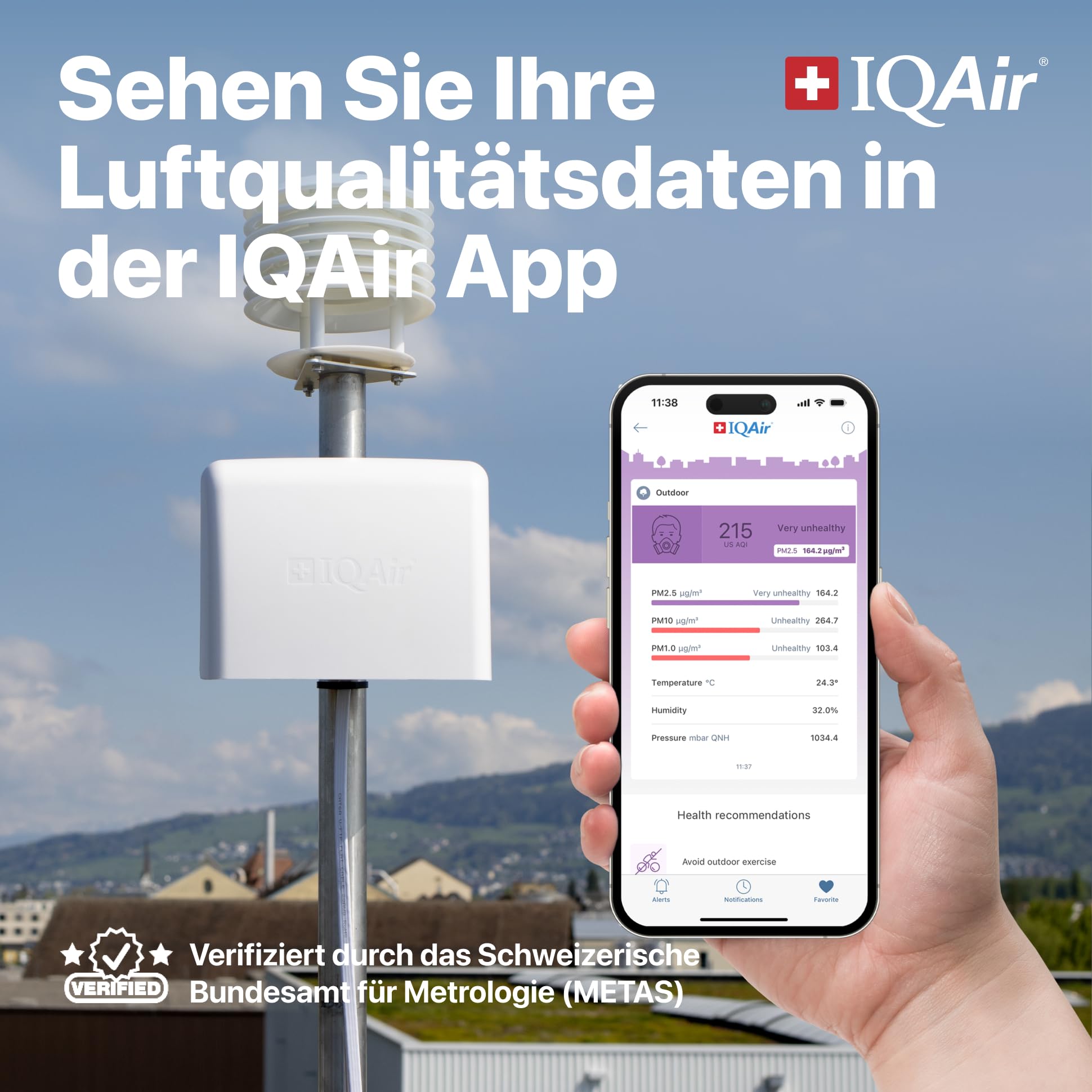 IQAir AirVisual Outdoor Luftqualitätsmonitor für außen - Luftqualität Messgerät & Feinstaubmessgerät mit PM2.5, PM10, AQI, Temperatur, Luftfeuchtigkeit, WLAN/Ethernet, Wetterfest. Made in Germany